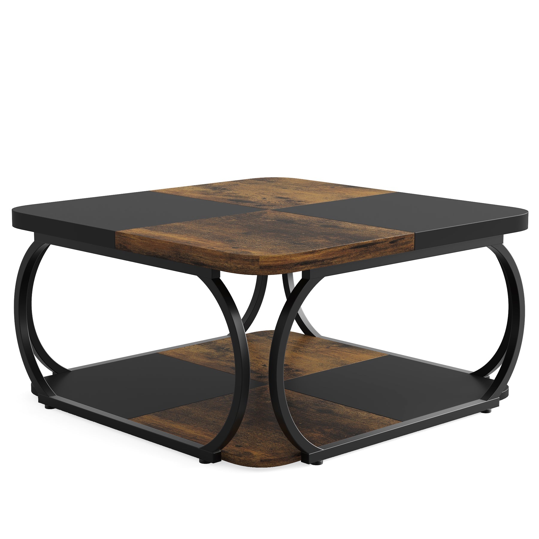 100 cm Vierkante Salontafel met Dubbele Planken, Landelijke Tafel met Metal Frame