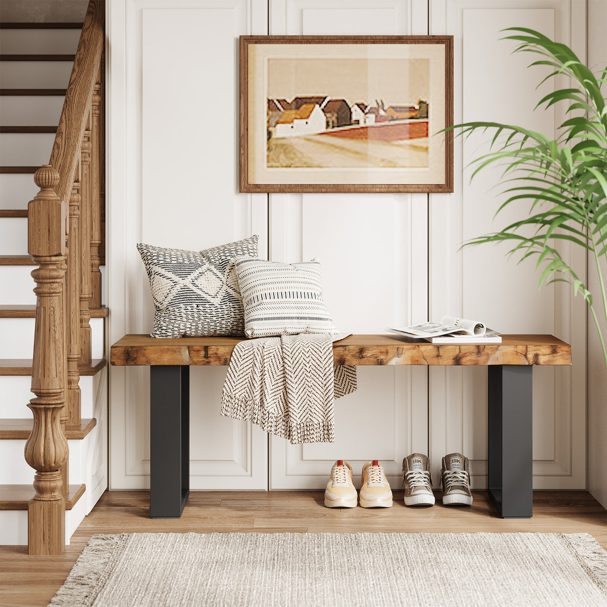 120 cm houten schoenenbank met metalen poten, industriële halbank voor hal en woonkamer
