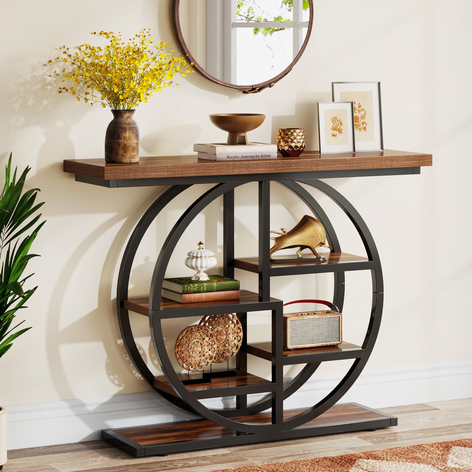 105 cm Industriële Console, 6 Etages met Rond Onderstel en Opbergplanken