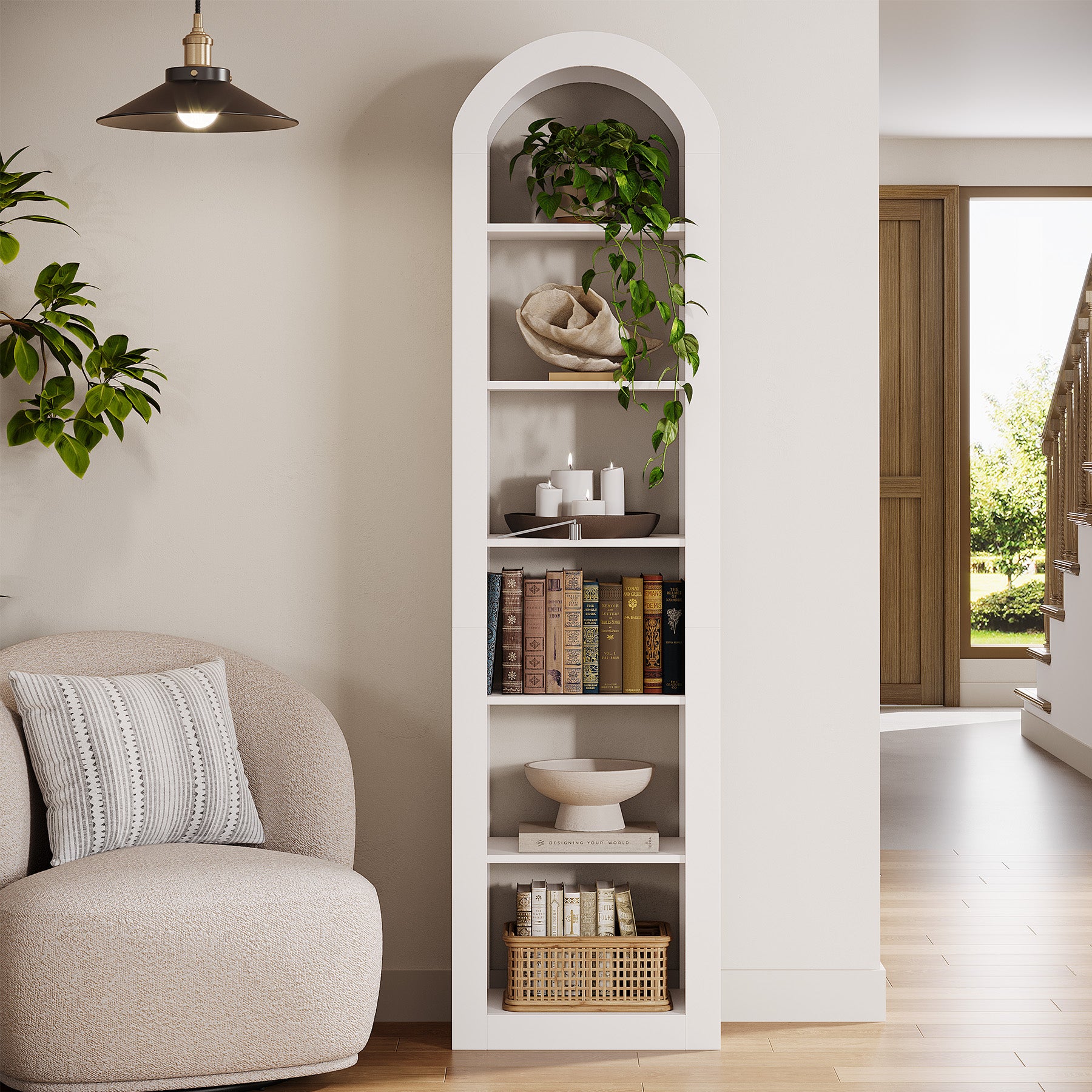 190 cm Boogvormige Boekenkast met 6 Niveaus, Smalle Open Boekenkast voor Display en Opbergen