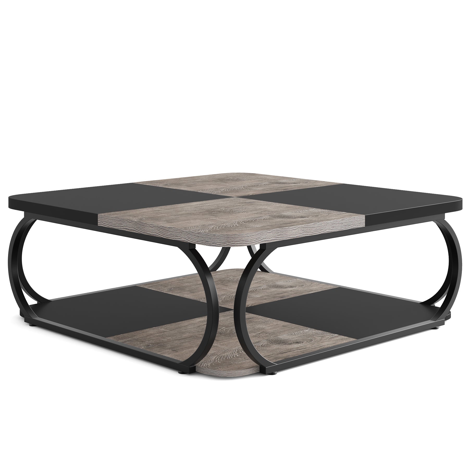 100 cm Vierkante Salontafel met Dubbele Planken, Landelijke Tafel met Metal Frame
