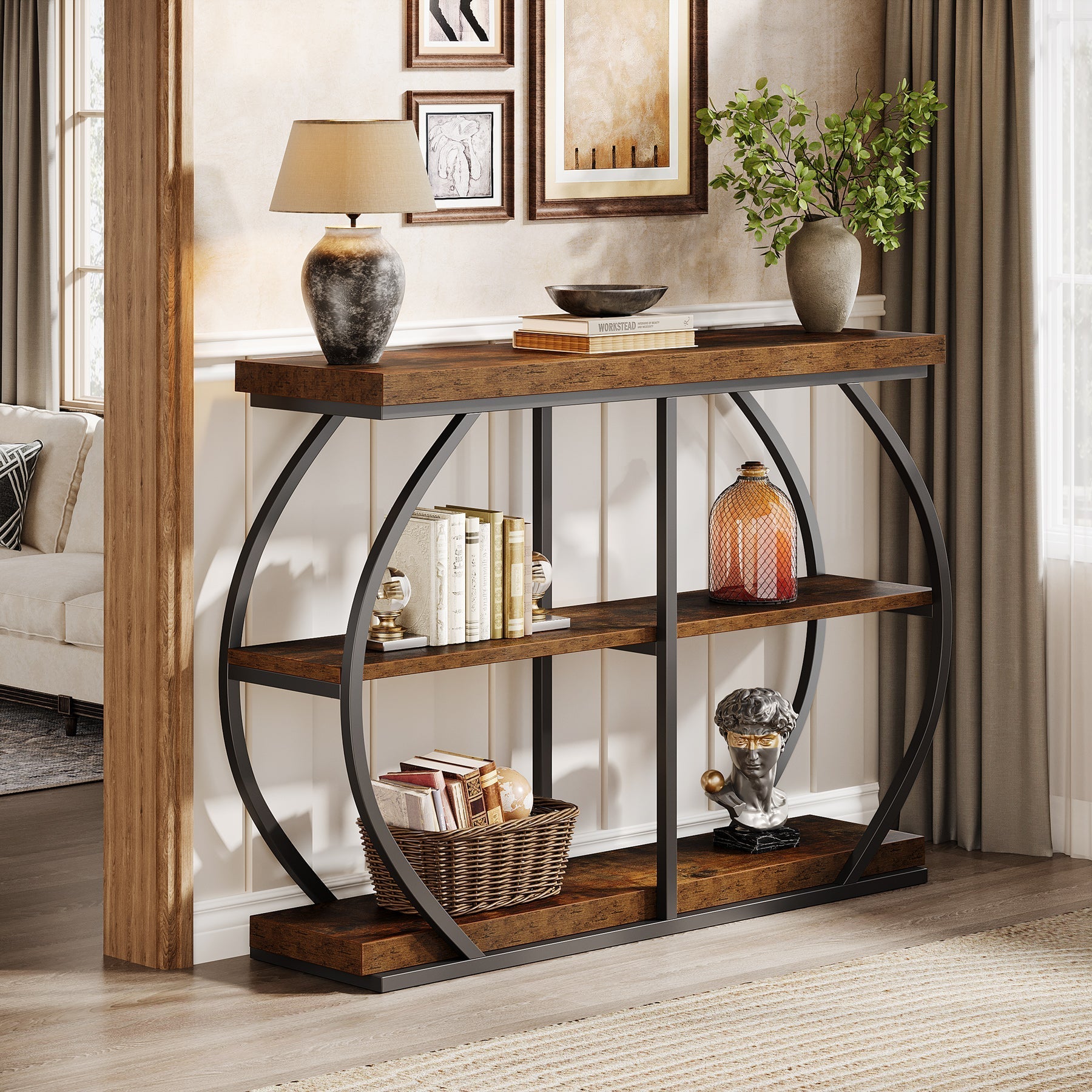 105 cm Industriële Consoletafel met 3 Planken, Gebogen Metalen Frame voor Woonkamer en Hal