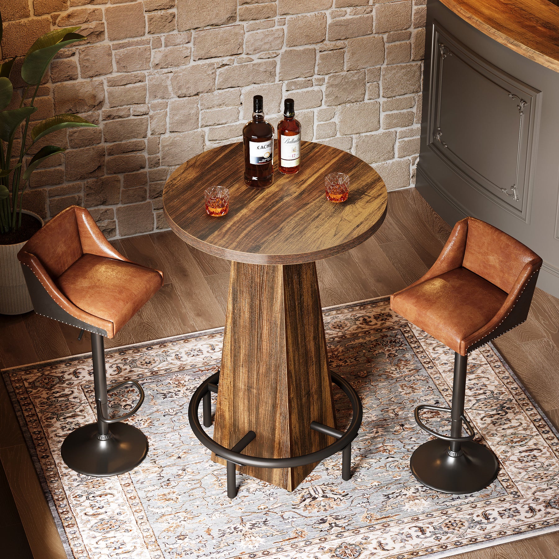 95 cm Ronde Bartafel met Metalen Voetring, Houten Bistro Statafel