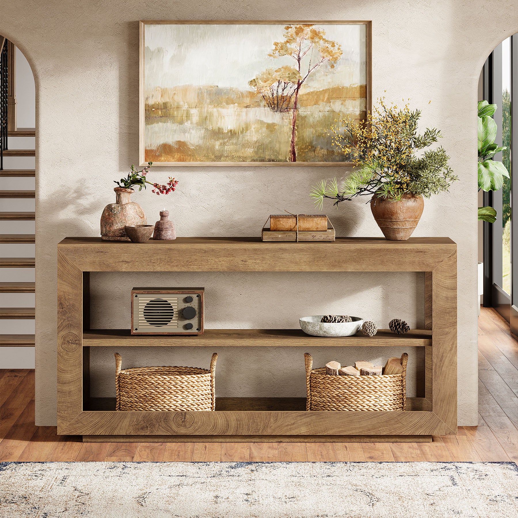 160 cm Consoletafel met 3 Lagen Opslag, Landelijke Haltafel voor Woonkamer Gang Bruin