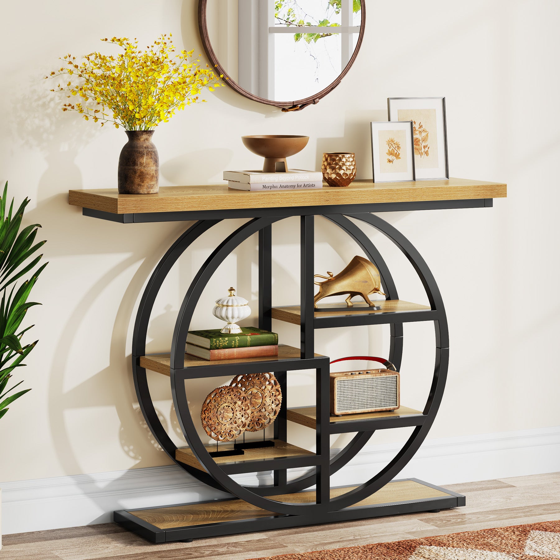105 cm Industriële Console, 6 Etages met Rond Onderstel en Opbergplanken
