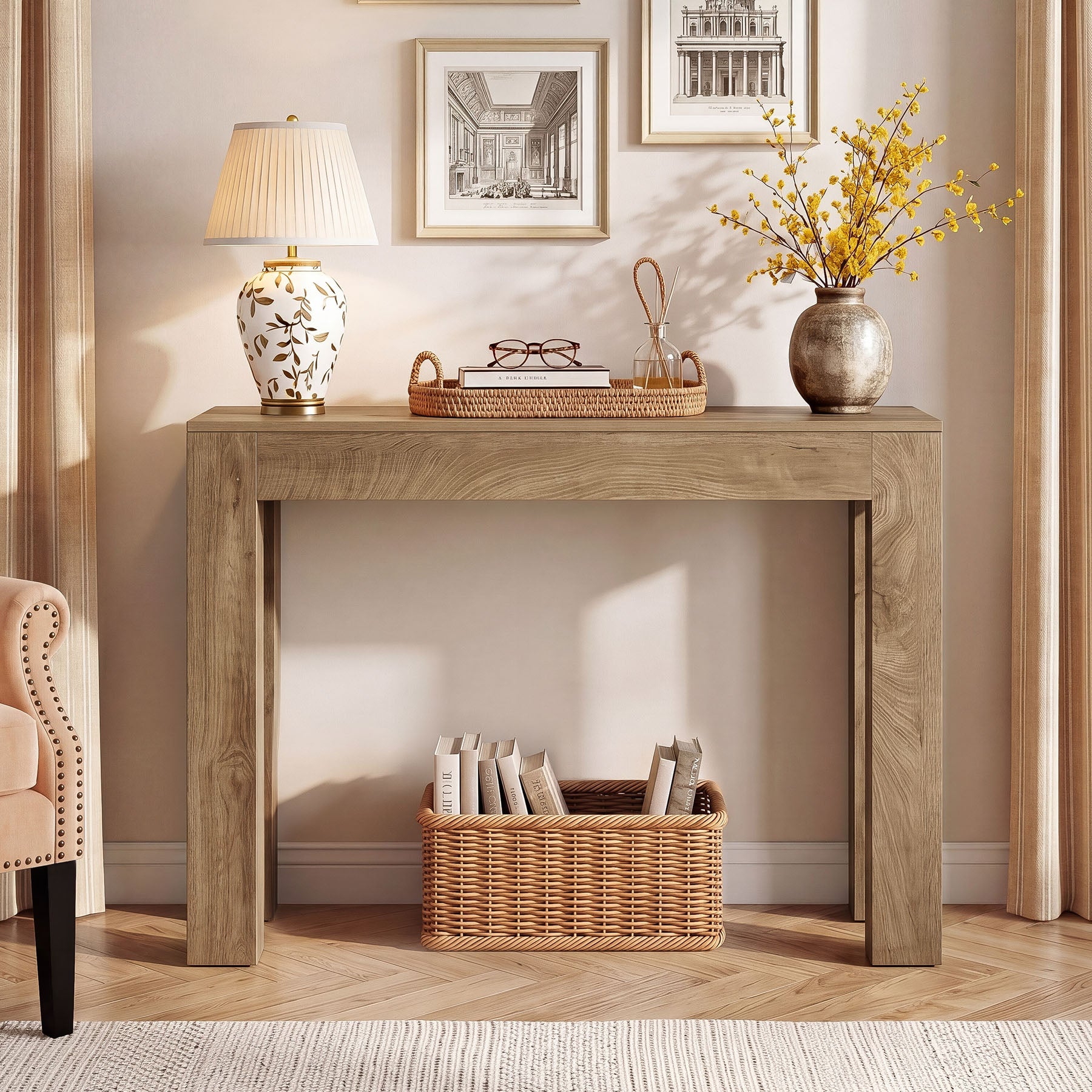 Tribesigns 105 cm consoletafel, lichtbruine sidetable met blokpoten
