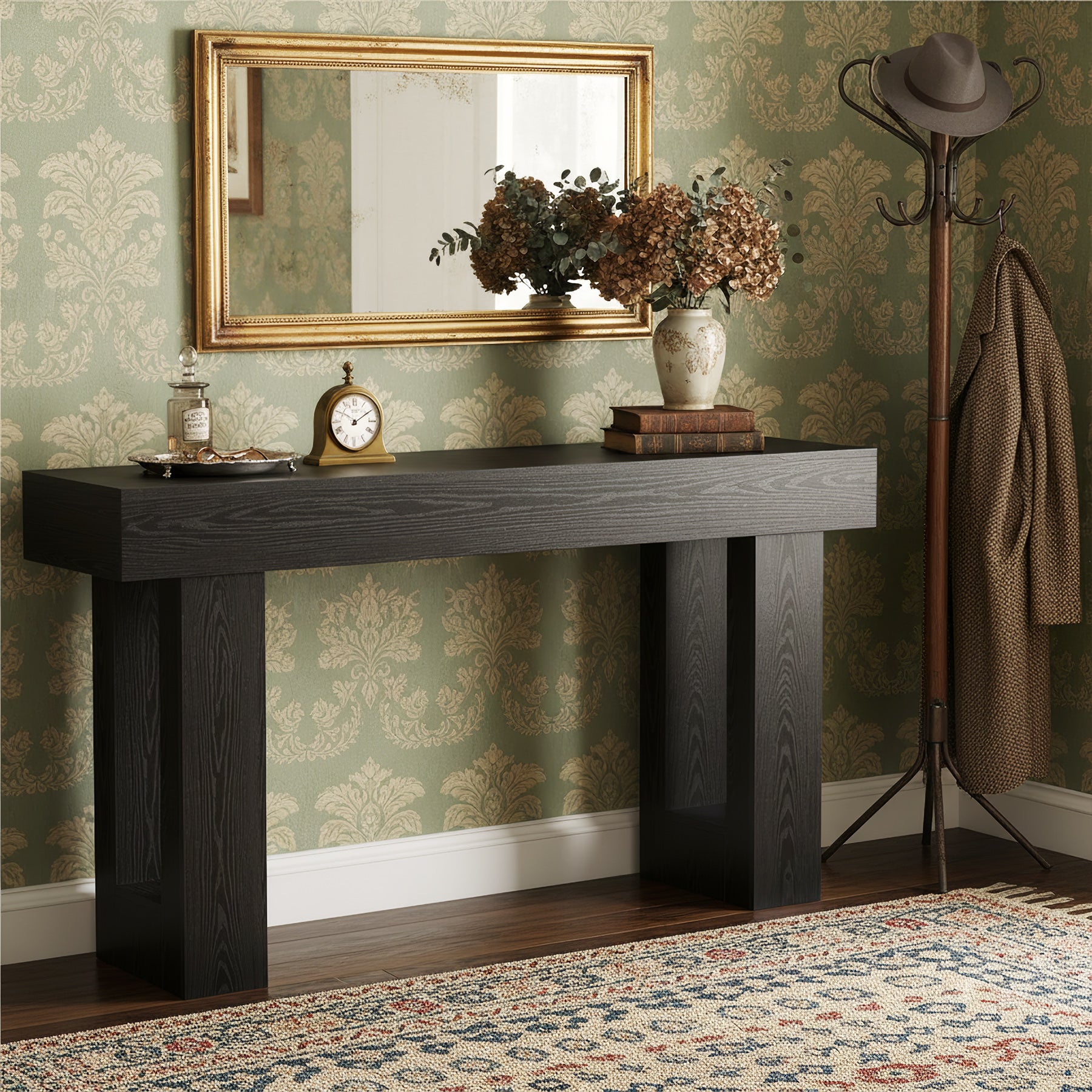 160 cm Landelijke Consoletafel met Massief Houten Poten, Houten Sofa-tafel voor Hal en Woonkamer
