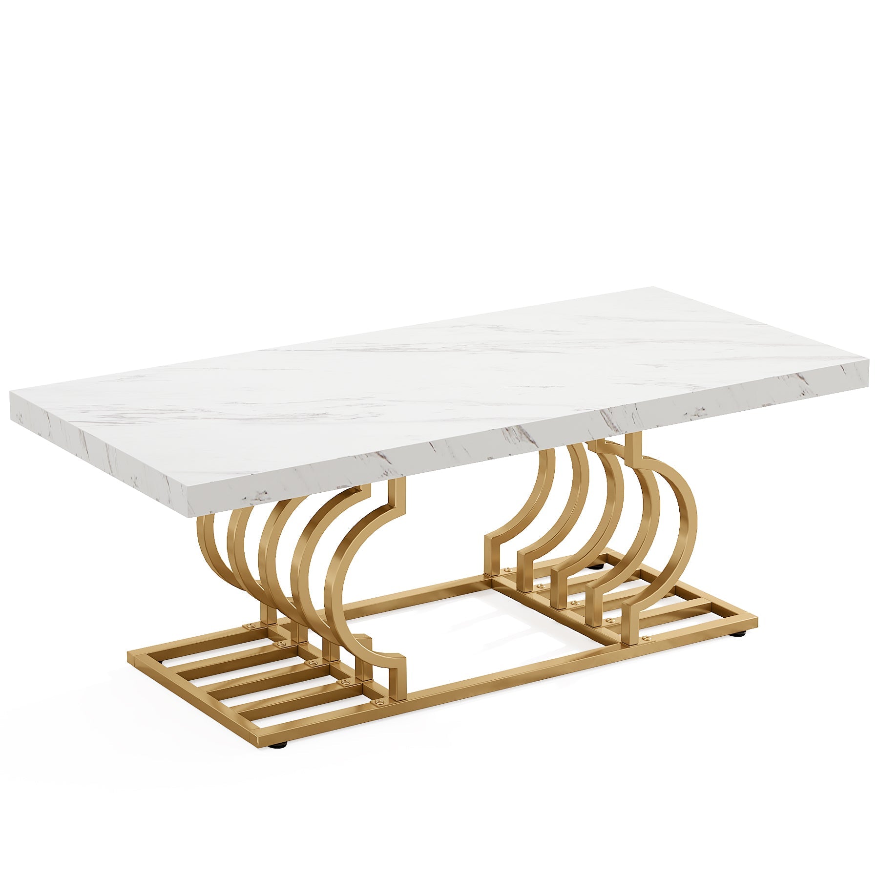 120 cm Moderne Salontafel, Witte Cocktailtafel met Geometrisch Frame en Marmer Print