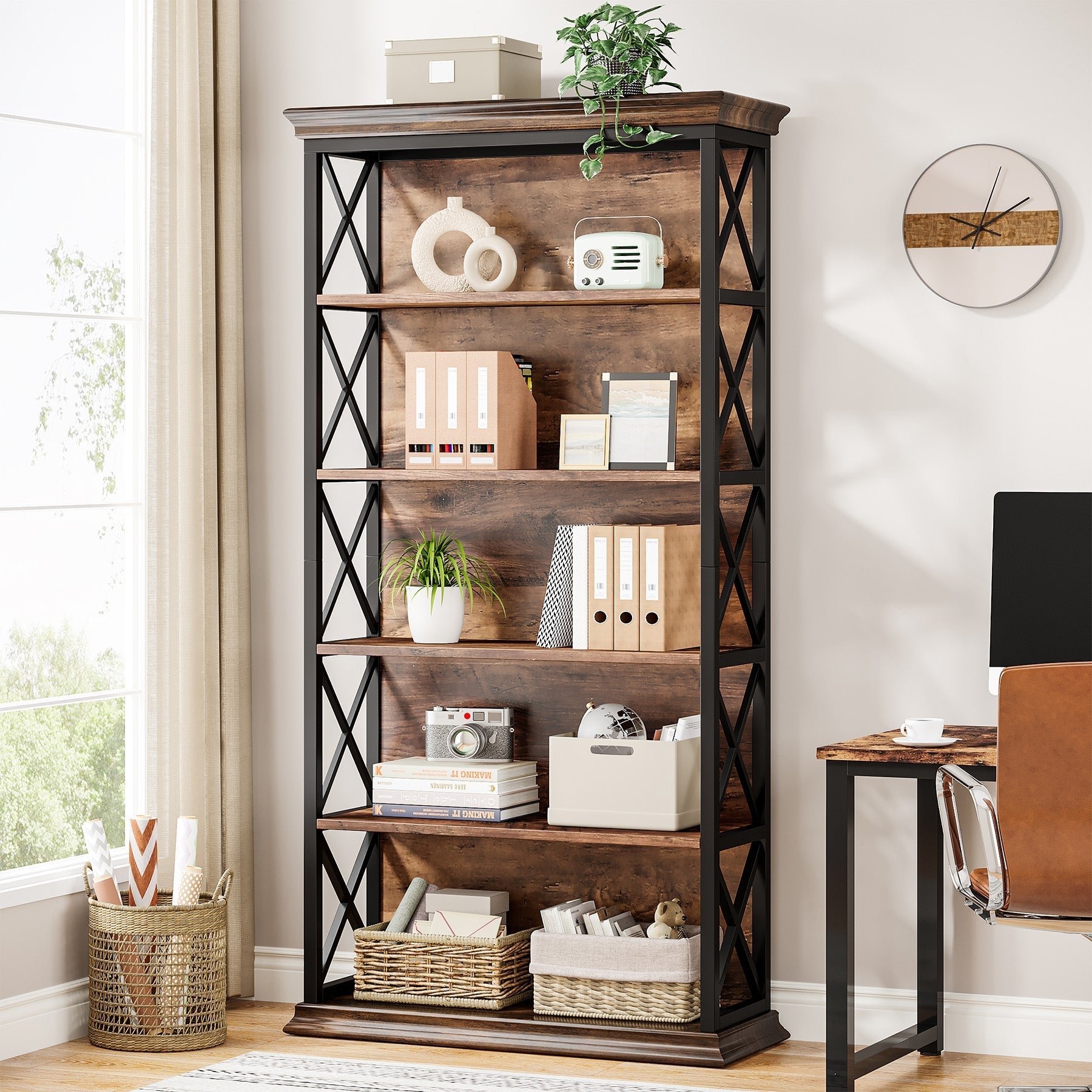 Industriële Boekenkast met Zes Planken, 180 cm Hoge Kast in Bruin en Zwart