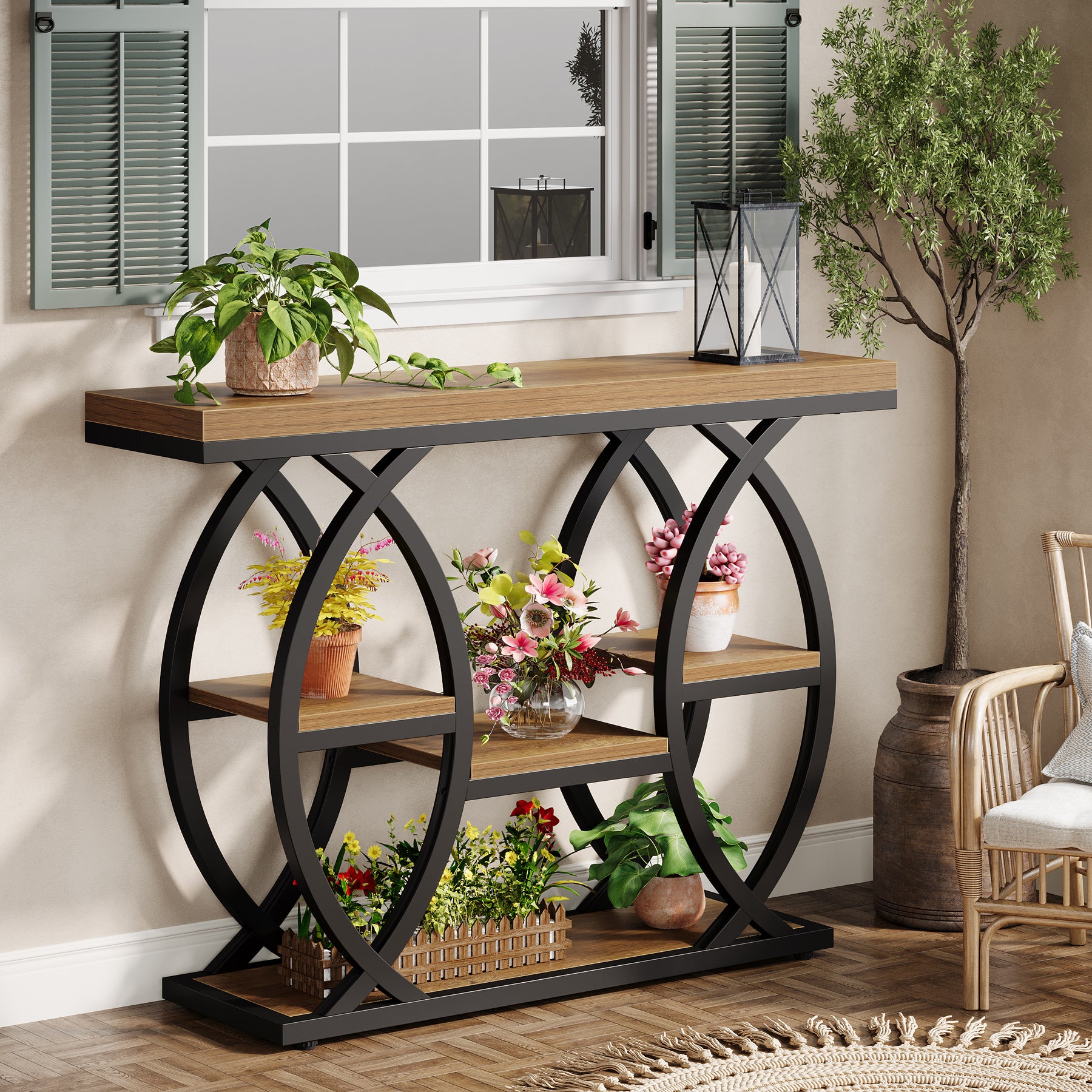 Industrieel Consoletafel 100 cm met 4 Opbergplanken, Smalle Houten Bijzettafel voor hal en Kleine Ruimtes
