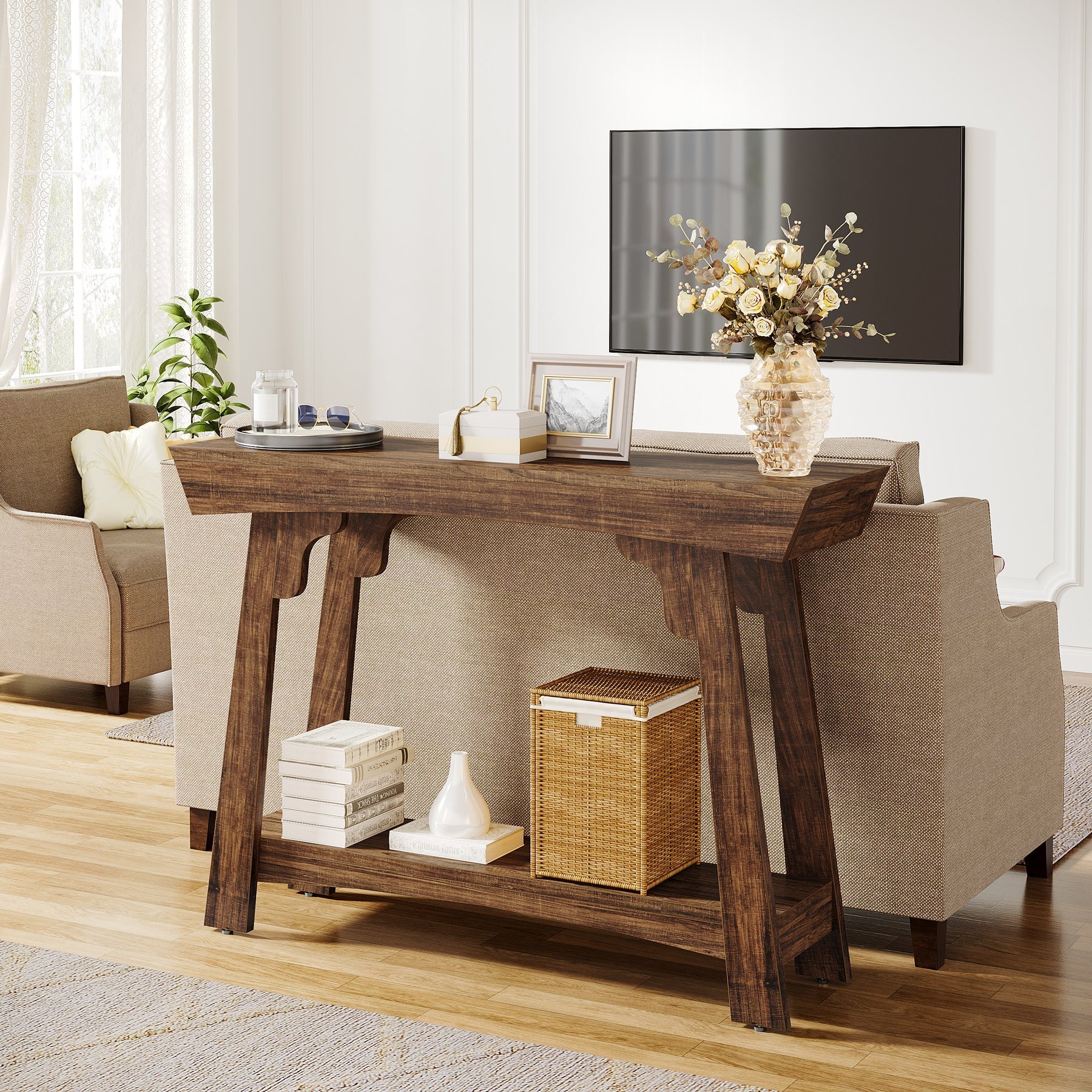 103 cm Landelijke Consoletafel met Opbergrek, Tribesigns Smalle Banktafel van Hout
