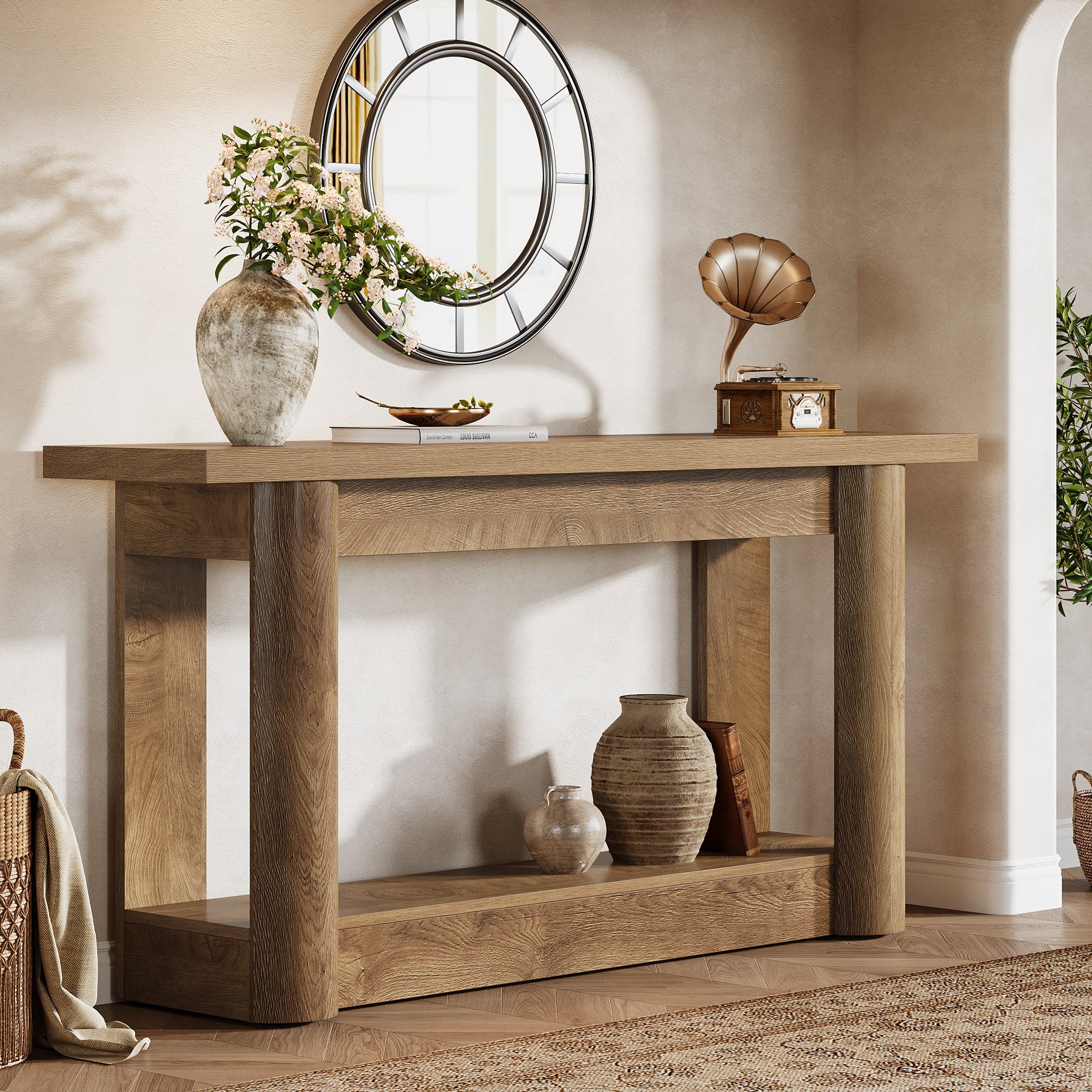 160 cm Landelijke Console met 2 Planken, Smalle Lange Salontafel in Rustiek Bruin voor Hal en Entree
