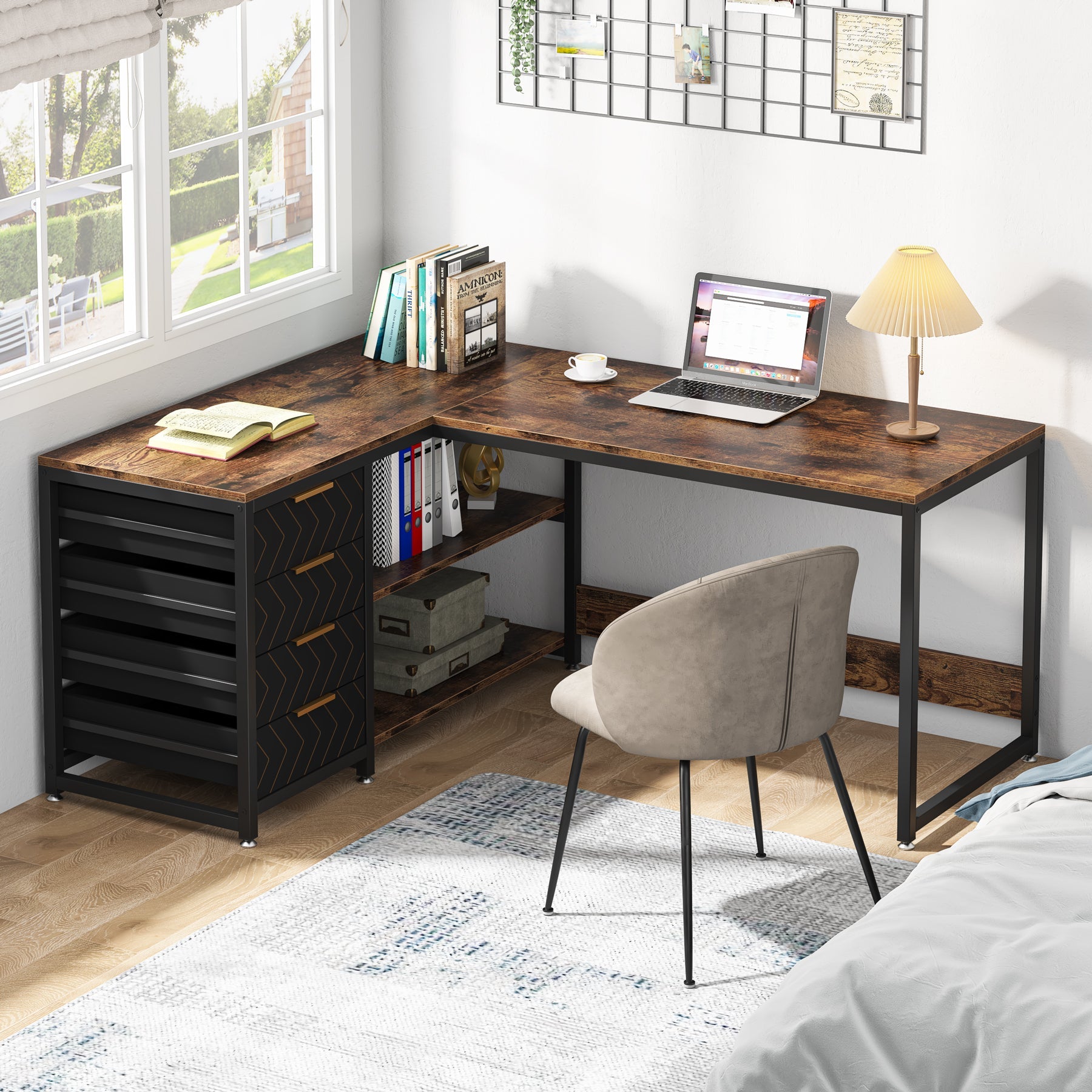 150 cm L-vormig Bureau, Met 4 Laden en 2 Planken voor Kantoor en Werkkamer