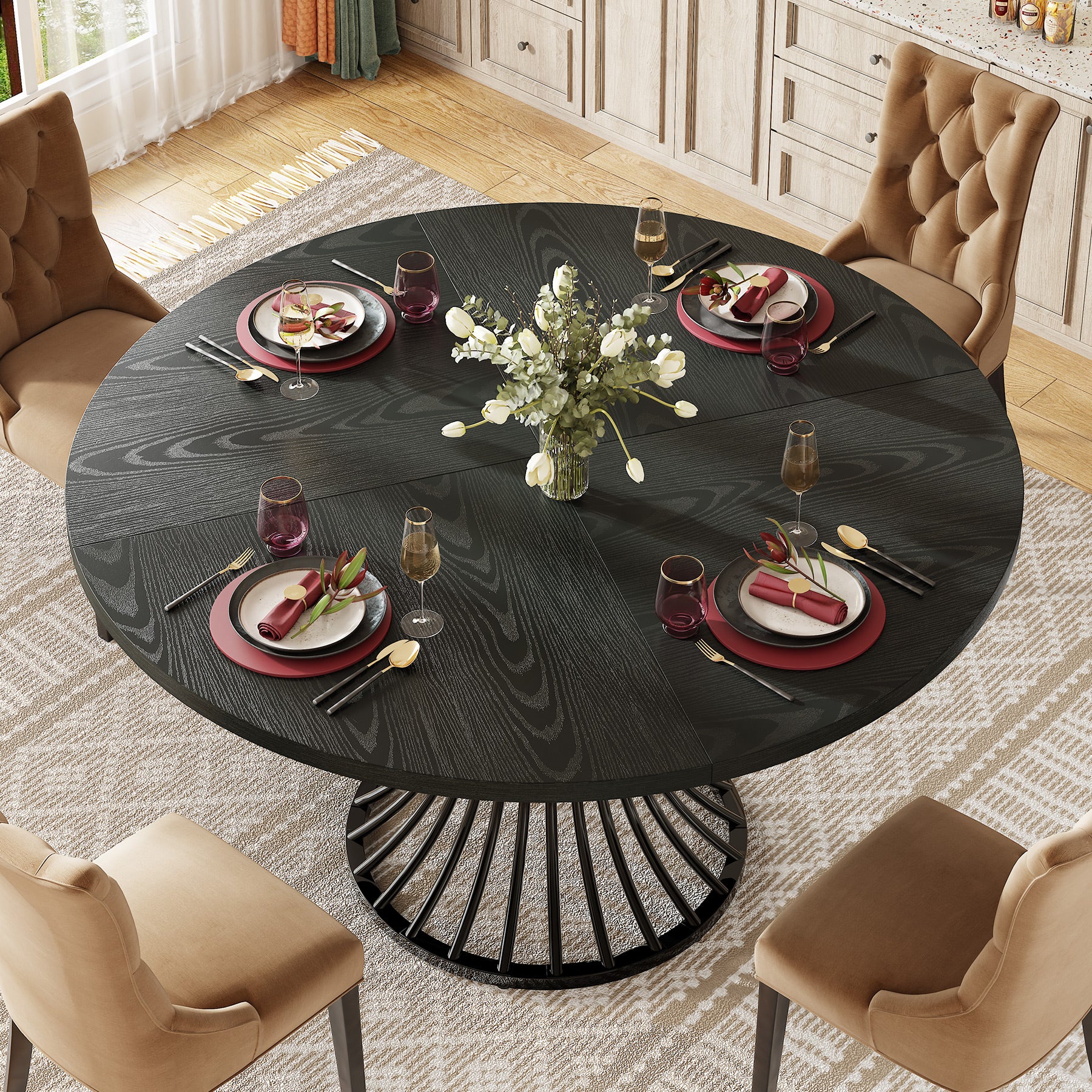 119 cm Ronde Industriële Eettafel, Voor 4-6 Personen met Metalen Frame in Zwart en Bruin