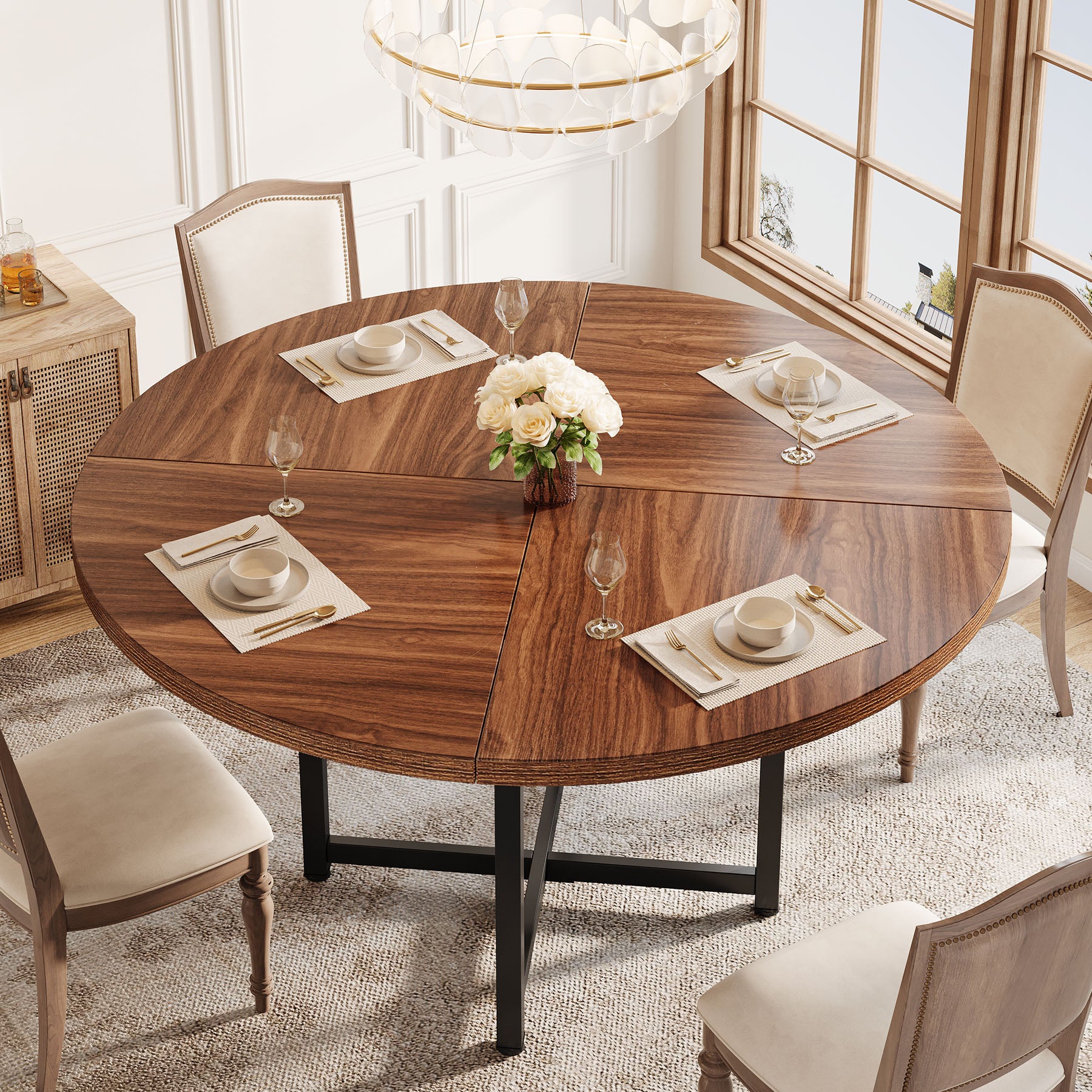 Tribesigns 120 cm Ronde Eettafel voor 4-6 Personen, Houten Tafel met Stevige Kruismetalen Poten voor Keuken en Woonkamer