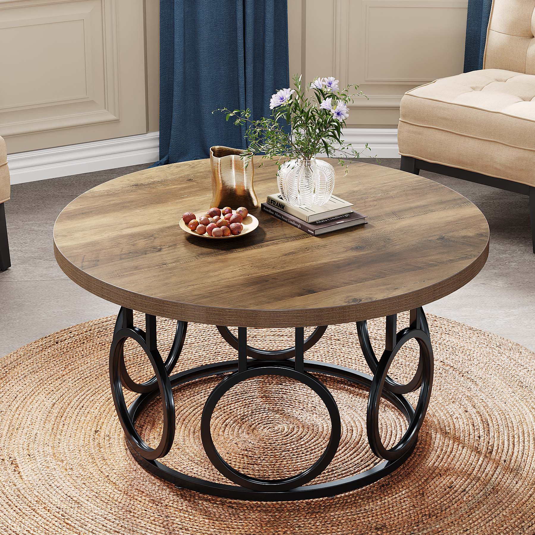 Ronde Salontafel 80 × 80 × 45 cm in Rustiek Hout, Moderne Industriële Tafel met Metalen Onderstel