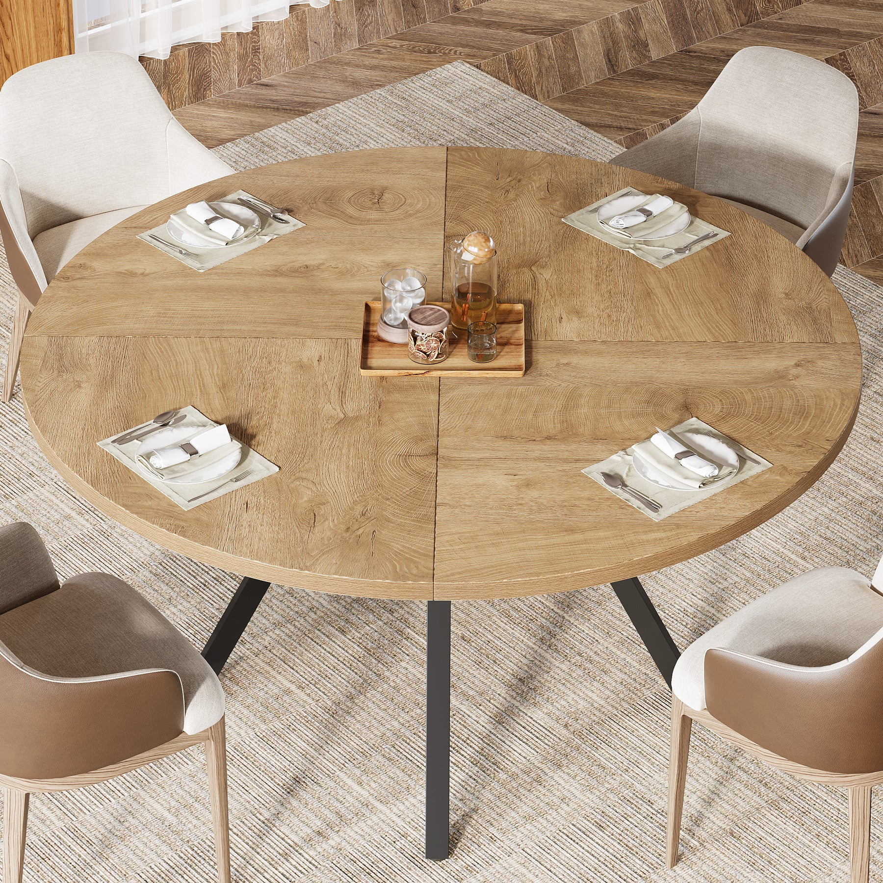 120 cm Eettafel voor 4-6 Personen, Ronde Tafel met Opbergruimte