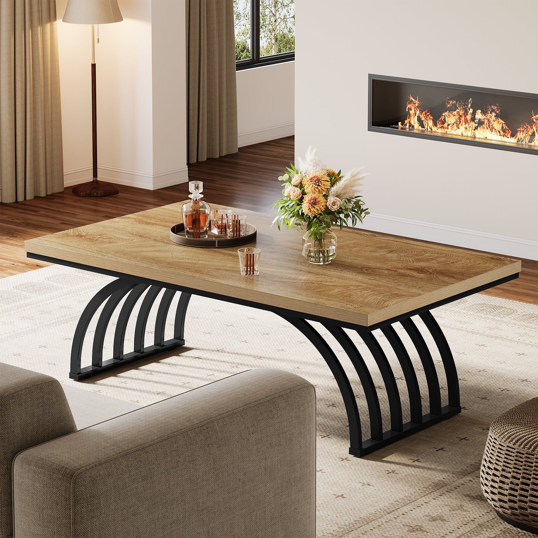 120 cm Rechthoekige Salontafel met Metalen Poten, Rustieke Houten Salontafel