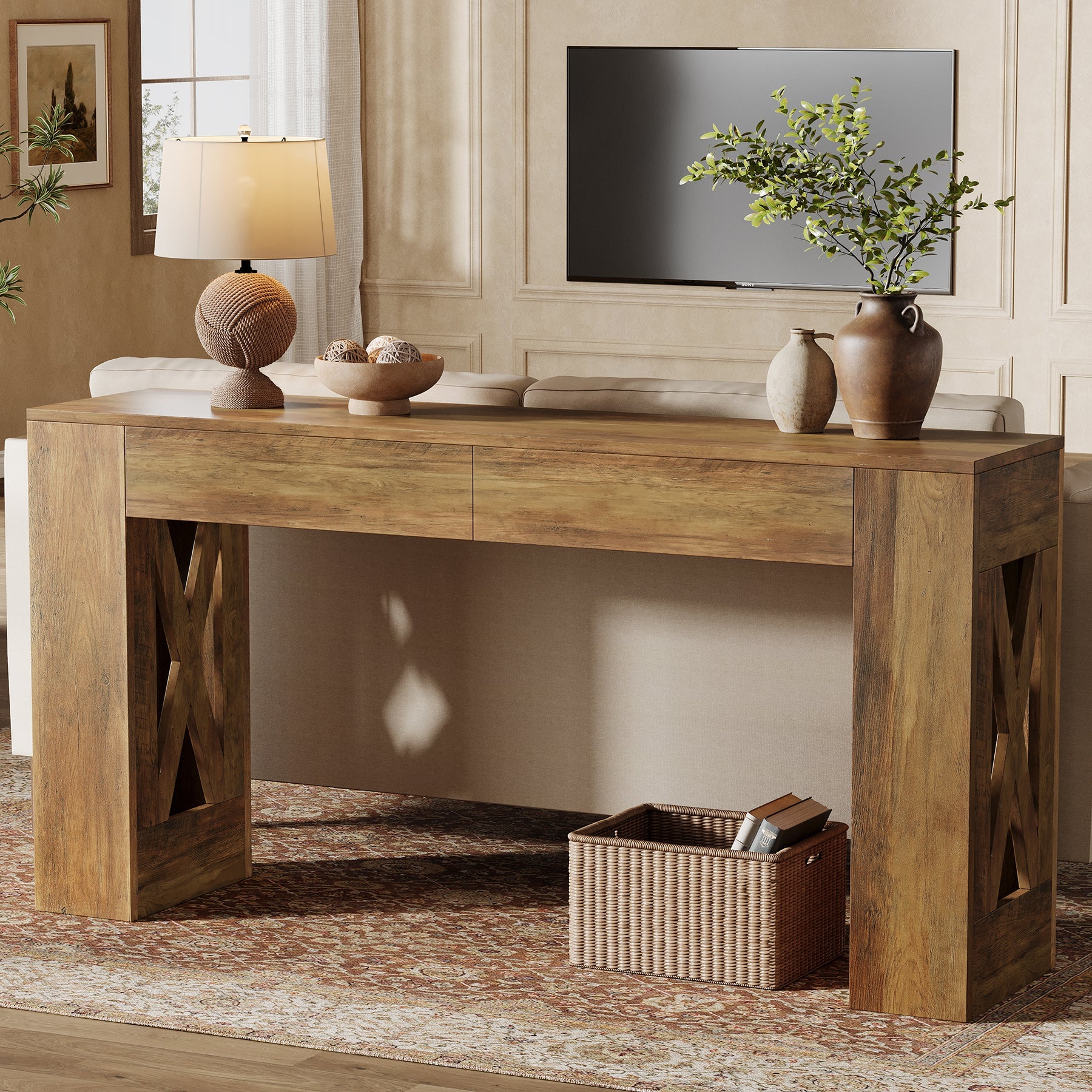 160 cm Consoletafel, Smalle Banktafel met 2 Laden en X-vormige Poten