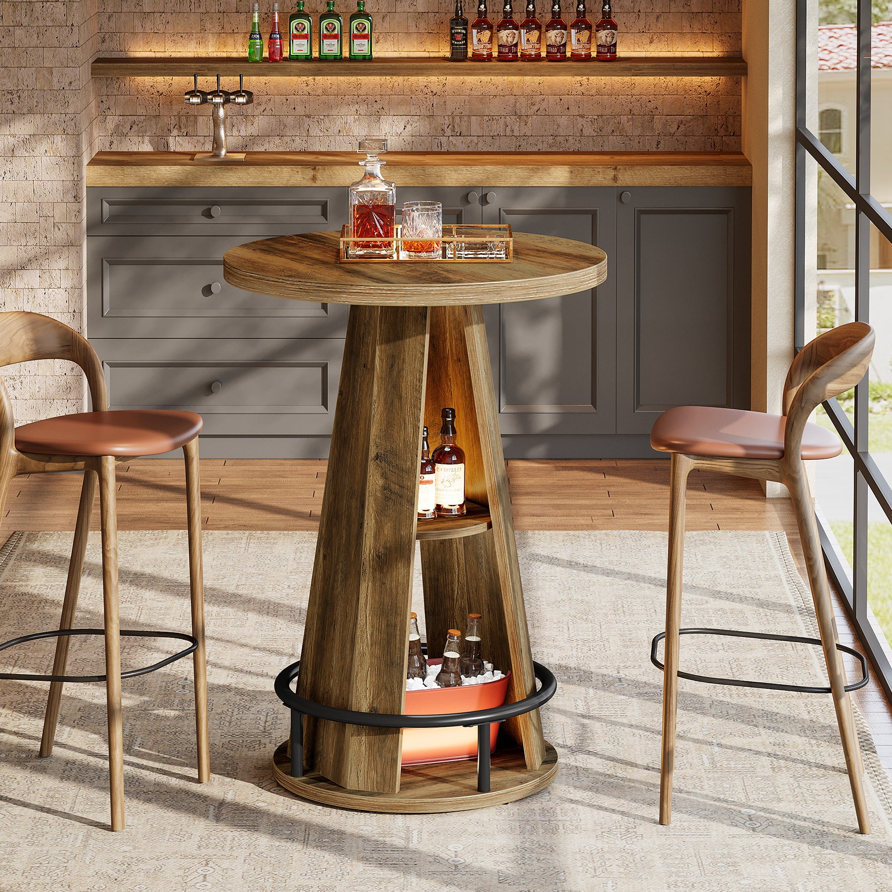 100 cm Ronde Bartafel met Opbergruimte, Industriële Bistrotafel voor Woonkamer Bar Kleine Ruimtes