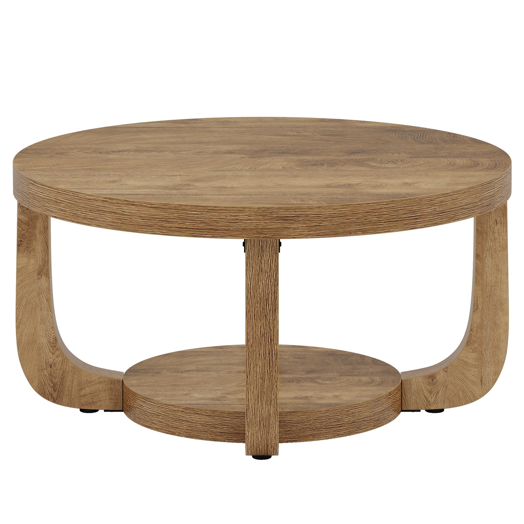 Ronde Salontafel van 80 cm met 2 Lagen en Opbergruimte, Moderne Houten Accenttafel in Rustiek Bruin voor Woonkamer