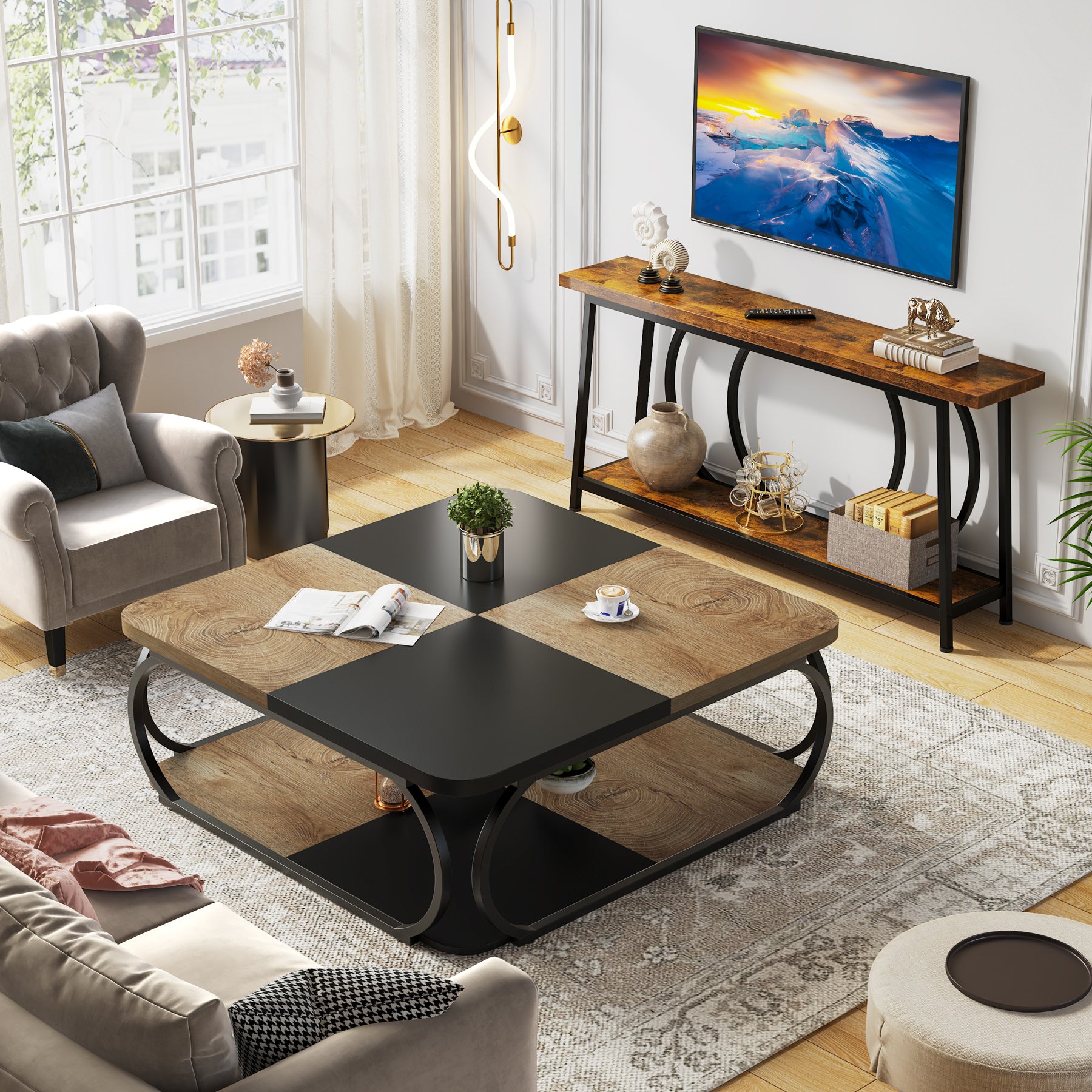 100 cm Vierkante Salontafel met Dubbele Planken, Landelijke Tafel met Metal Frame