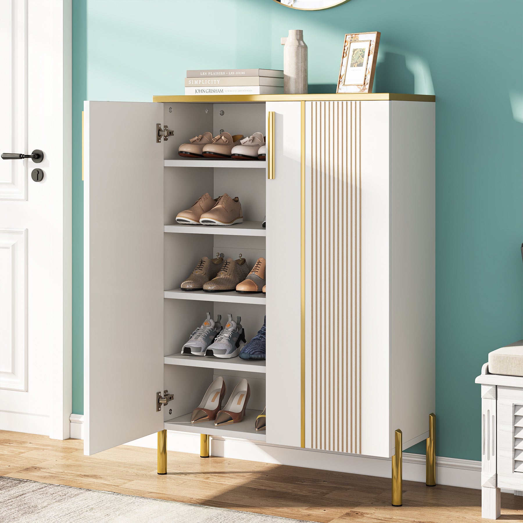 120 cm Hoge Schoenenkast, Witte Opbergmeubel met Zes Planken en Gouden Accenten