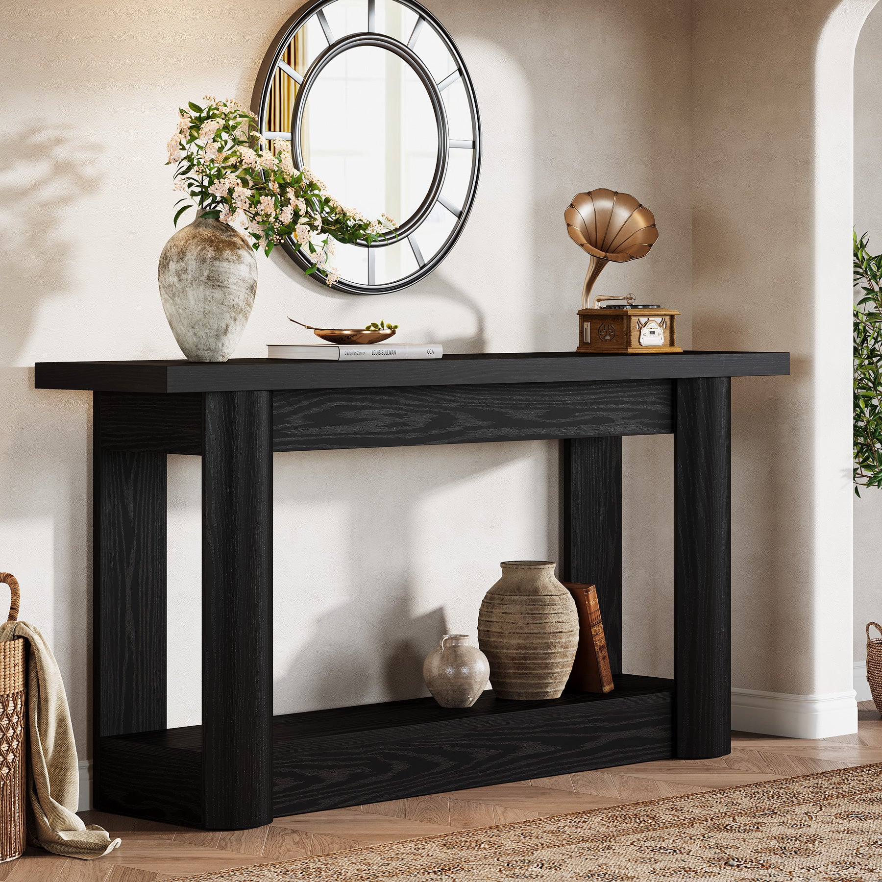 160 cm Landelijke Console met 2 Planken, Smalle Lange Salontafel in Rustiek Bruin voor Hal en Entree