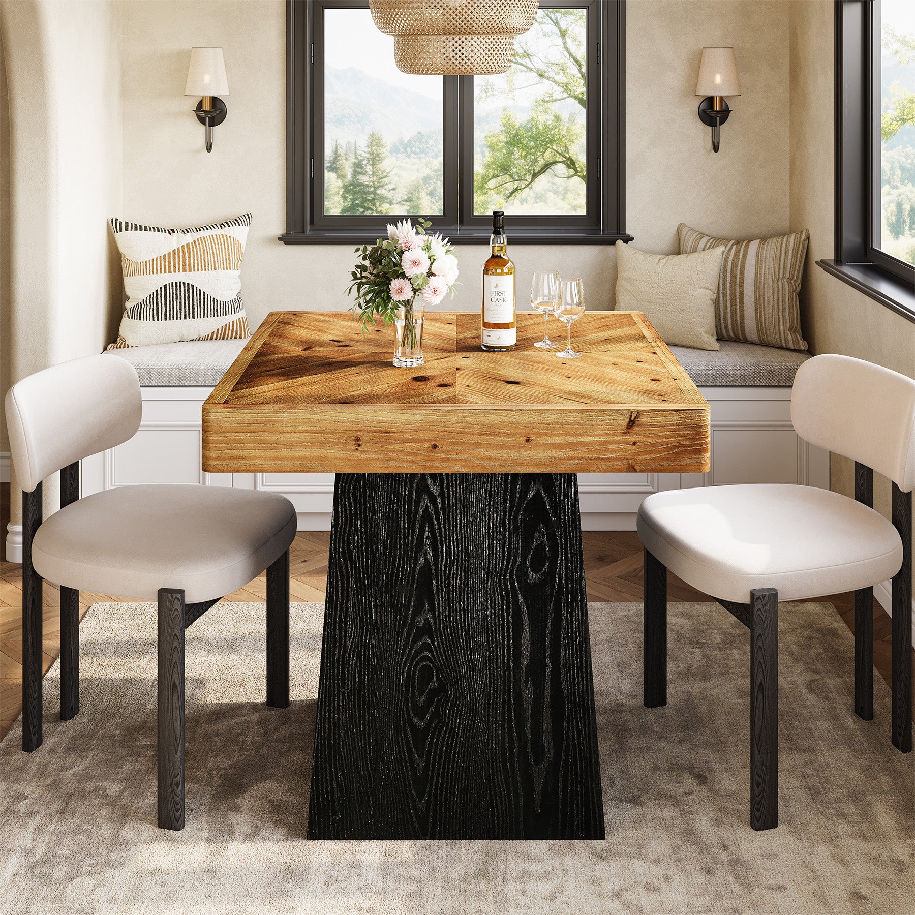 80 cm Vierkante Eettafel voor 2-4 Personen, Landelijke Houten Tafel met Parquet Blad voor Eetkamer en Kleine Ruimtes