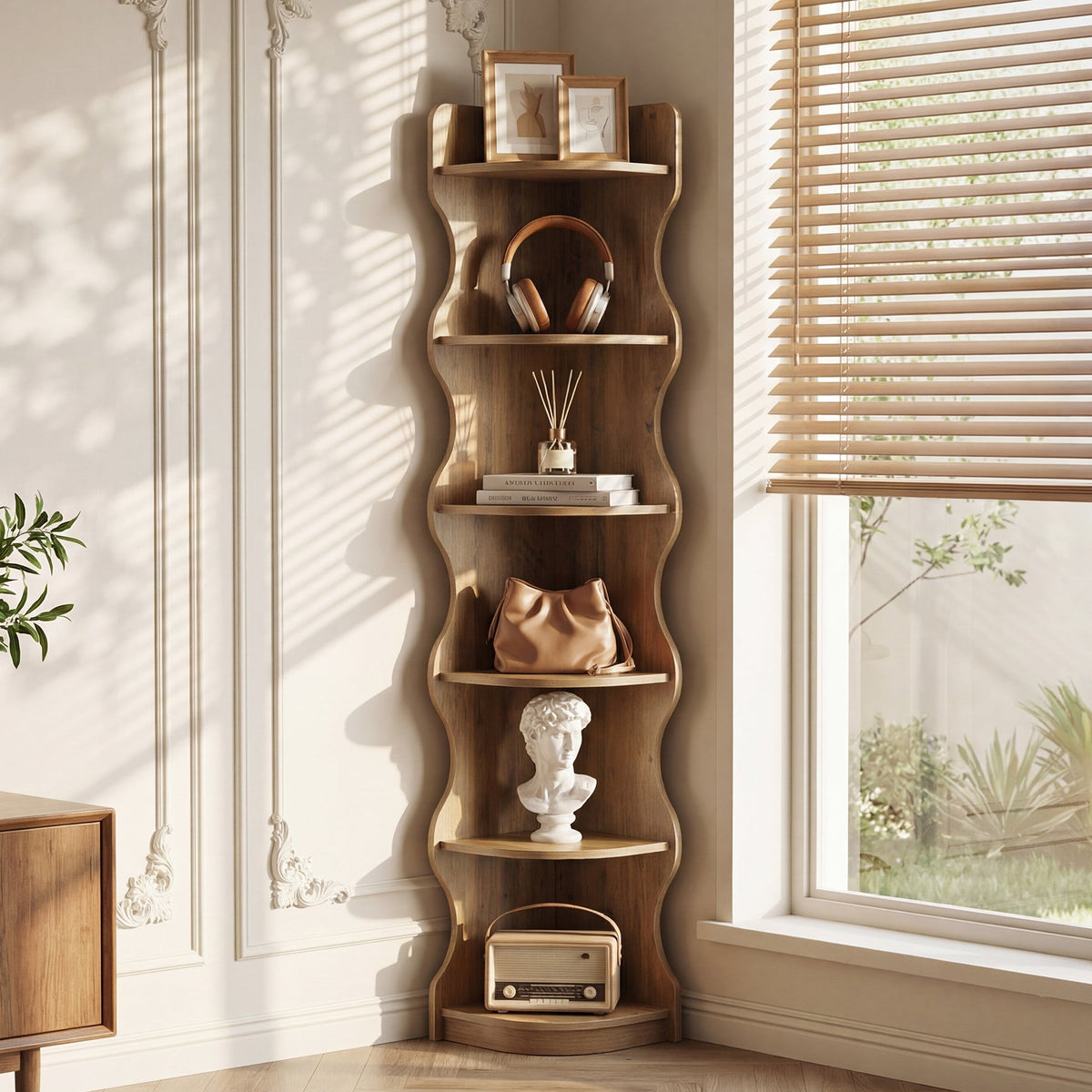 Tribesigns 6-laags Hoekrek van 180 cm met Modern Gebogen Design, Staand Plantenrek en Boekenrek voor de Woonkamer
