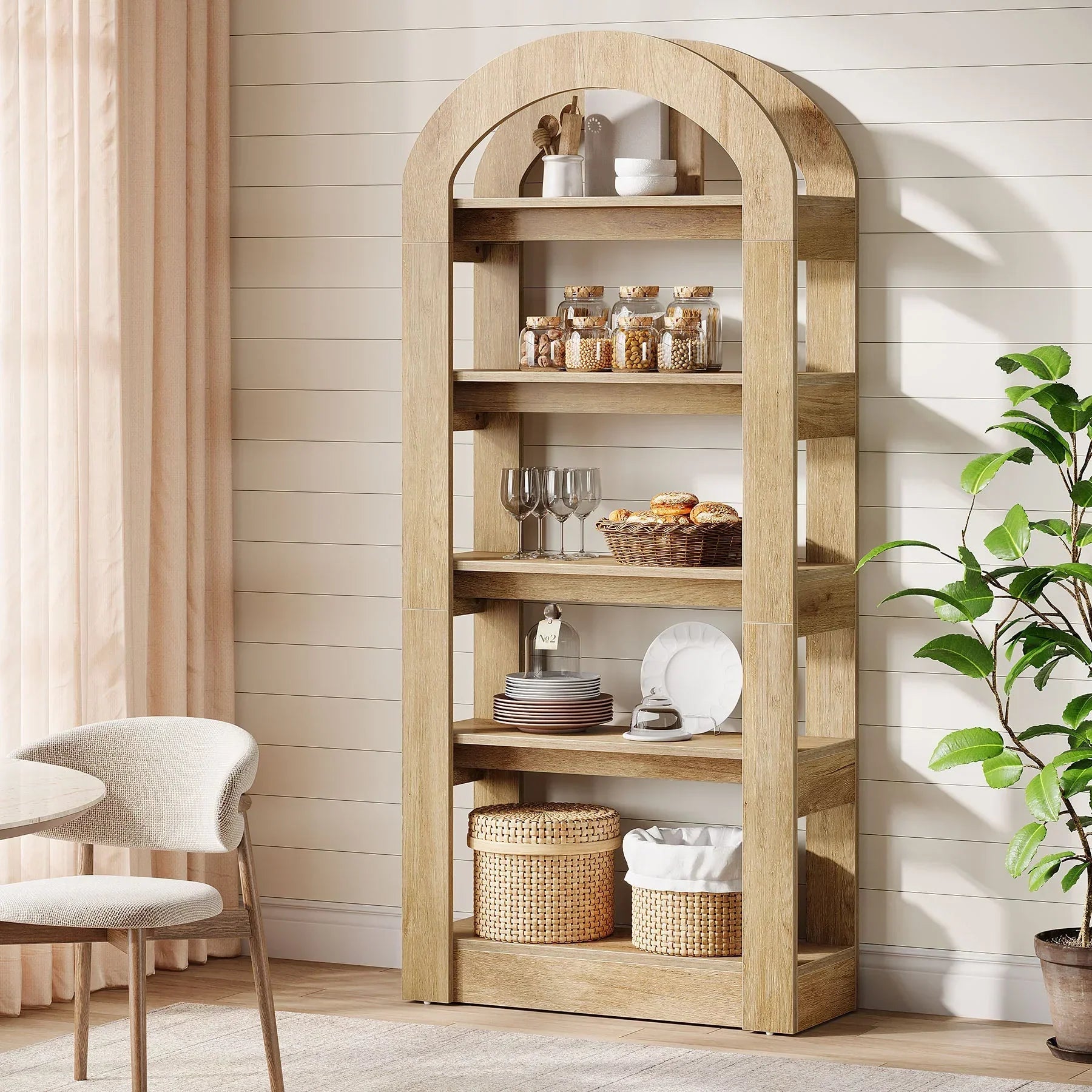 180 cm Hoge Boekenkast, Vijf Boogvormige Planken in Moderne Teak Kleur