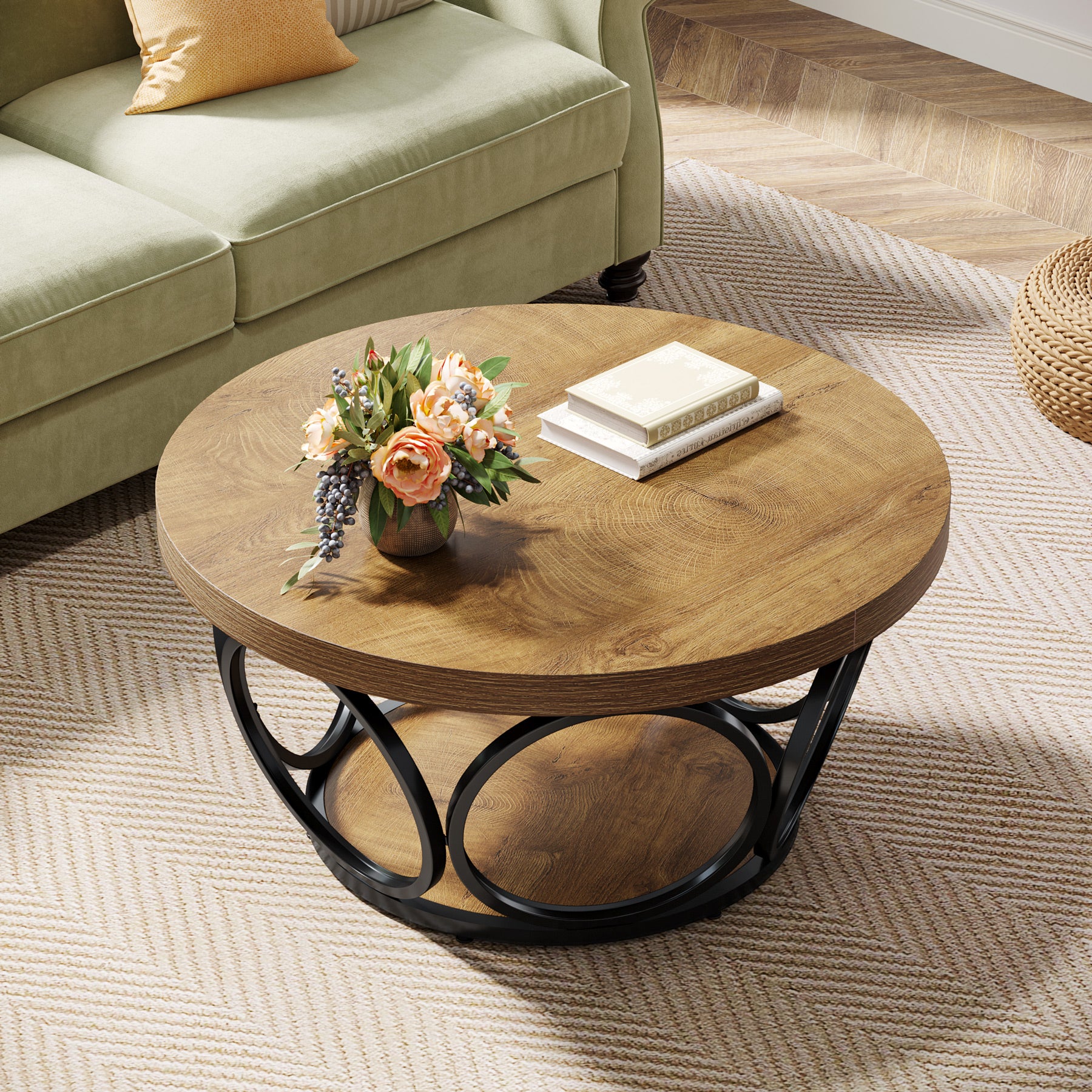 80 cm Ronde Salontafel, Landelijke Tafels met Dubbele Opbergplanken in Houtstructuur