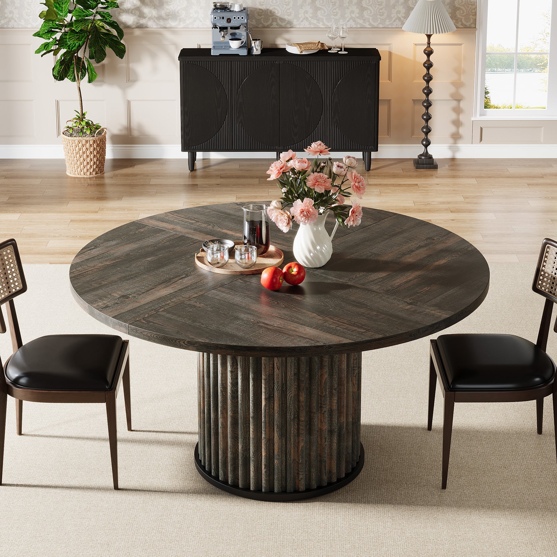 120 cm Zwarte Ronde Eettafel voor 4-6 Personen, Moderne Keukentafel met Metalen Basis