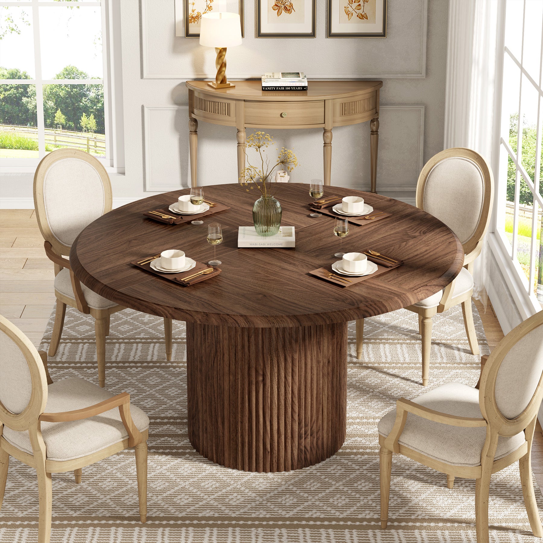 Ronde Eettafel, 120 cm Farmhouse Keukentafel met Metalen Basis voor 4 Personen