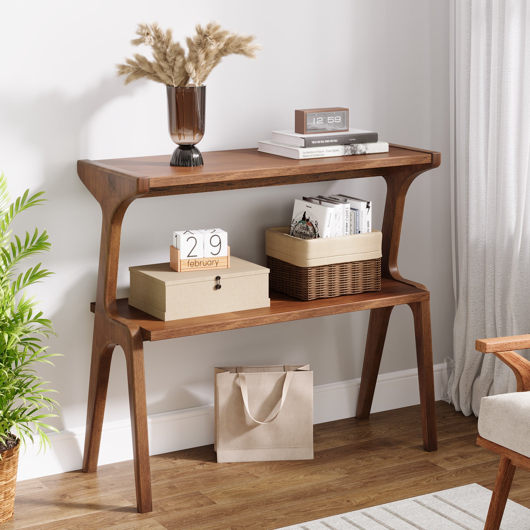 70 cm Tribesigns Bijzettafel van Massief Hout, Smalle 2-Laagse Tafel met Legplanken