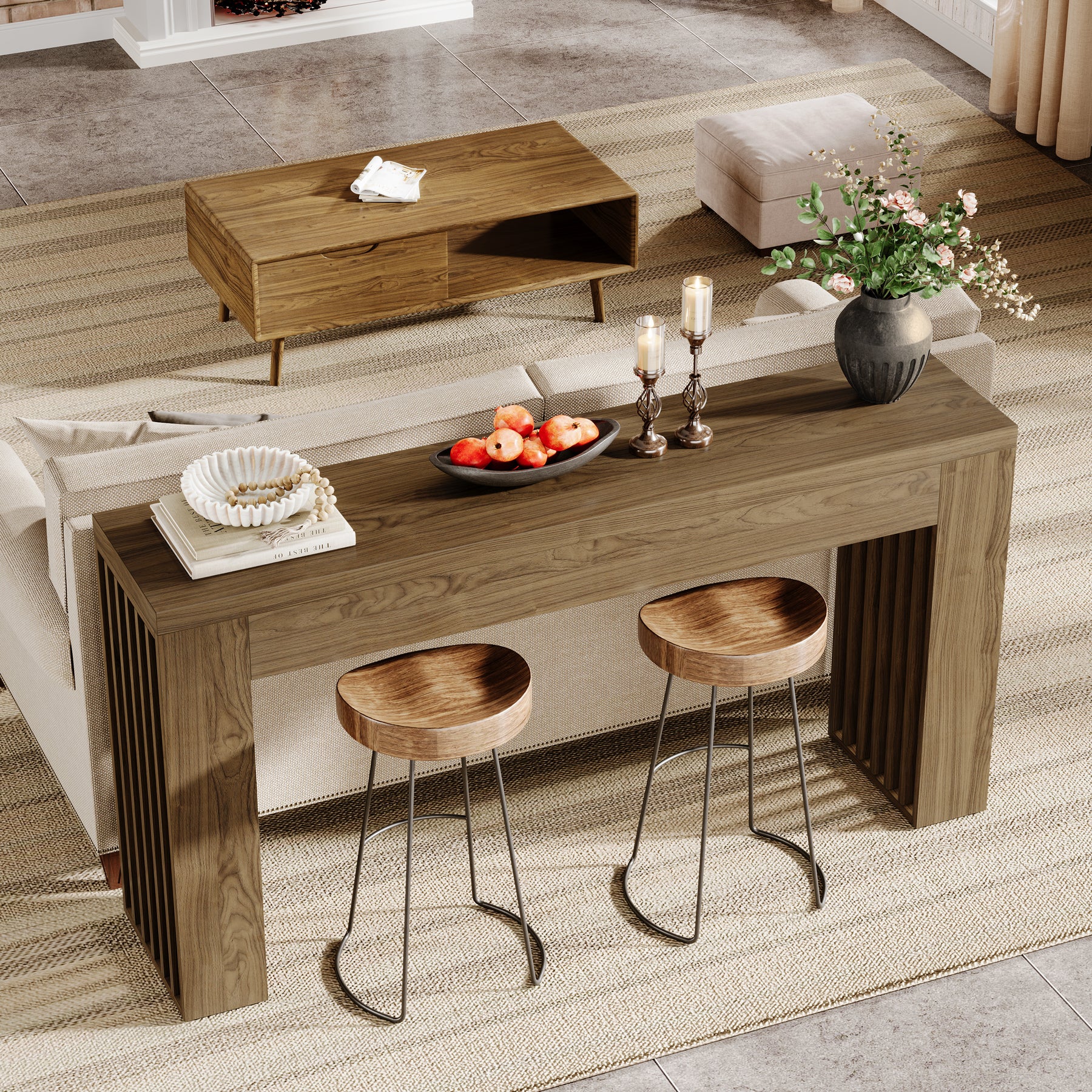 150 cm Lange Houten Salontafel achter de Bank, Consoletafel met Verticale Lattenpoten