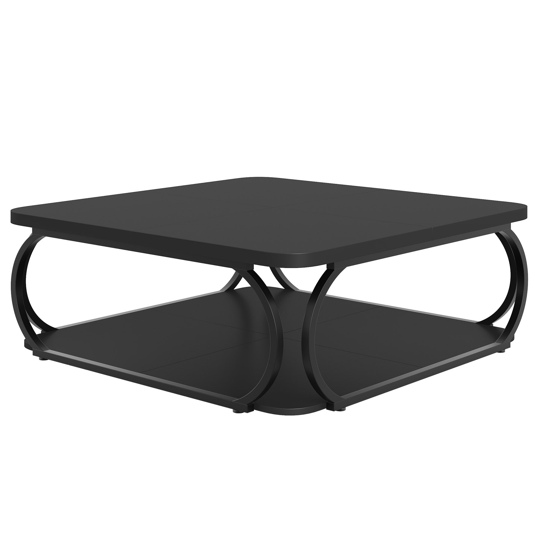 100 cm Vierkante Salontafel met Dubbele Planken, Landelijke Tafel met Metal Frame