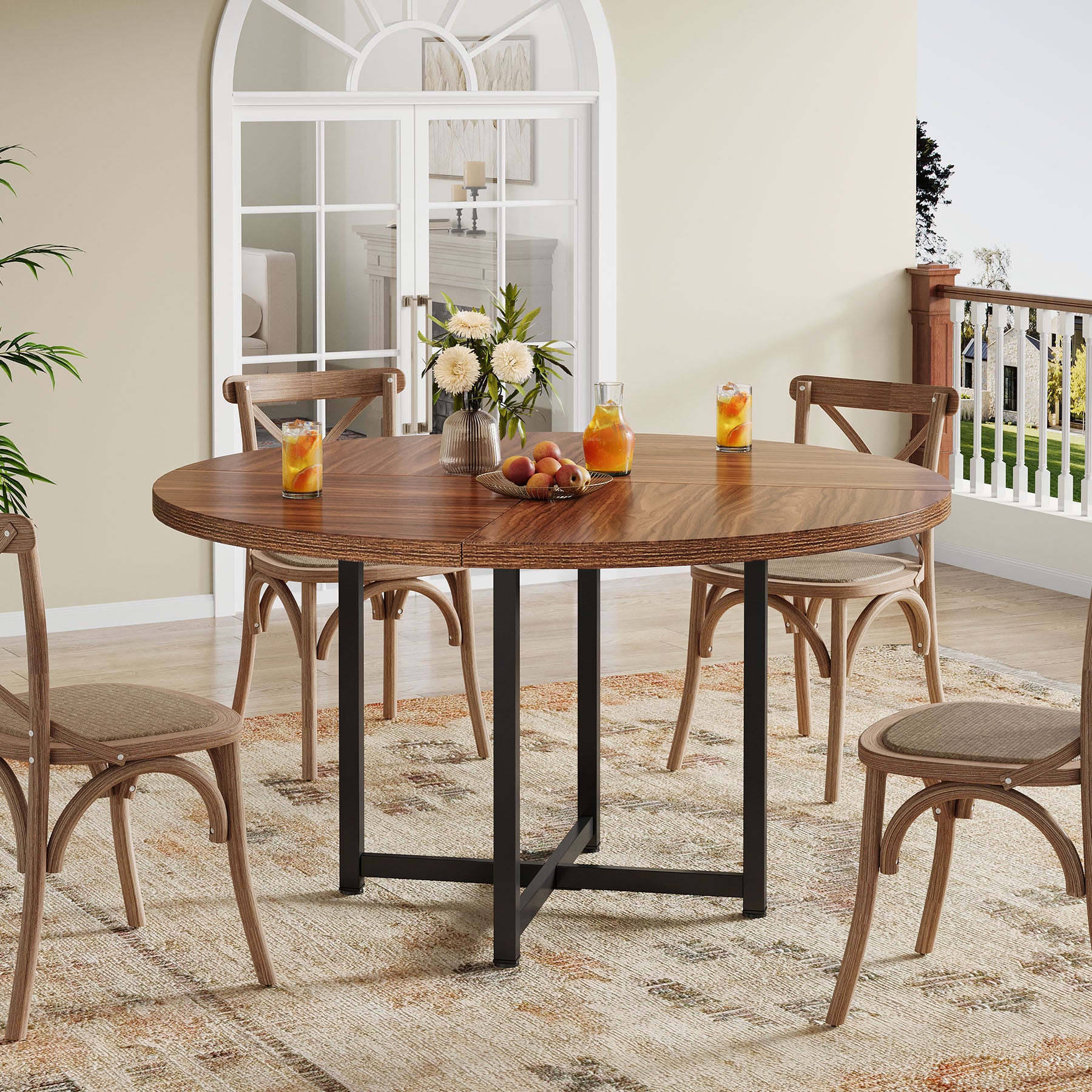 Tribesigns 120 cm Ronde Eettafel voor 4-6 Personen, Houten Tafel met Stevige Kruismetalen Poten voor Keuken en Woonkamer