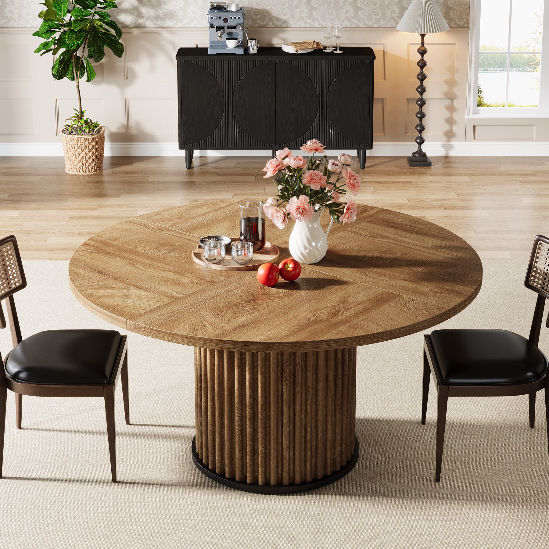 120 cm Zwarte Ronde Eettafel voor 4-6 Personen, Moderne Keukentafel met Metalen Basis