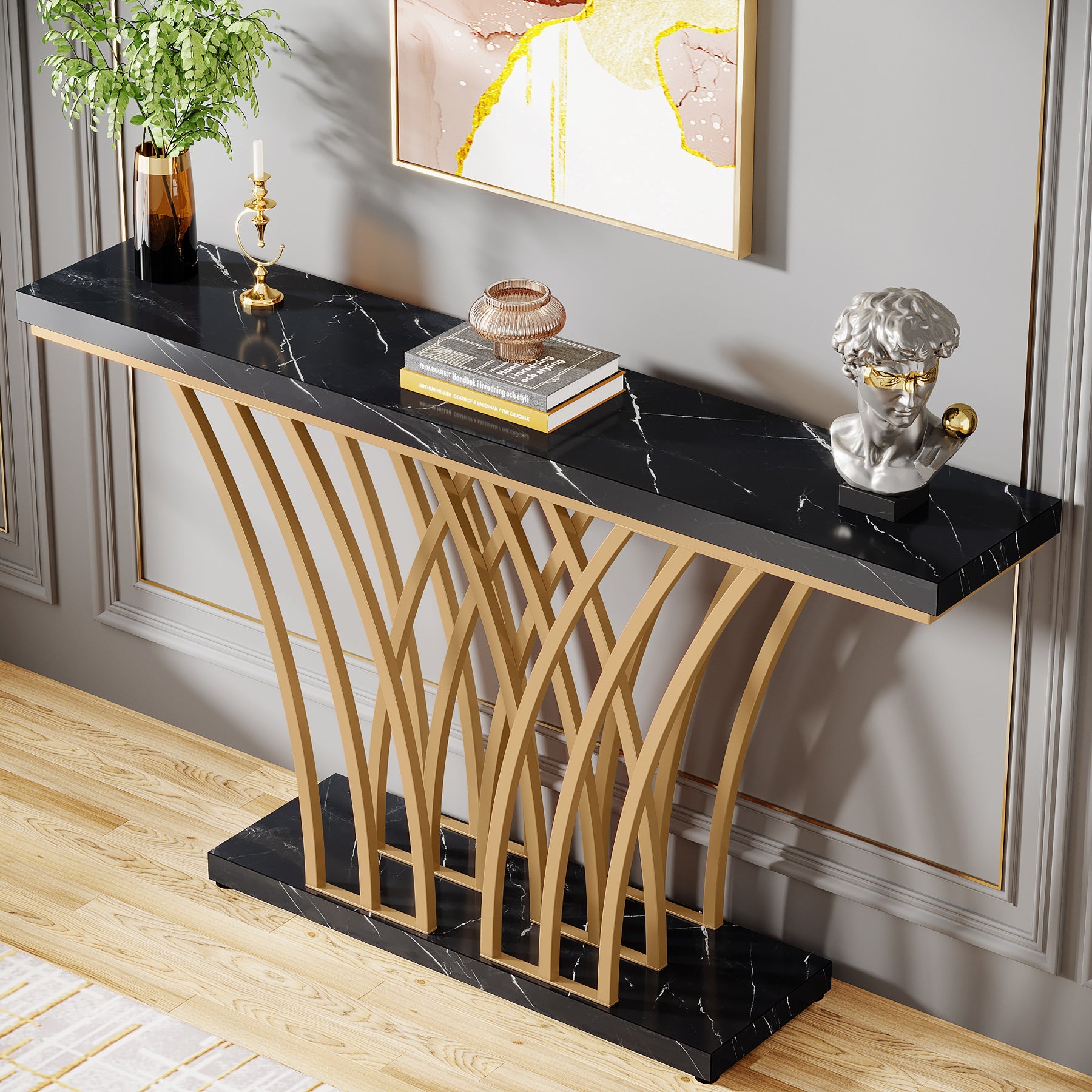 150 cm Gouden Consoletafel, Moderne Entreetafel met Raster Basis voor Hal en Woonkamer