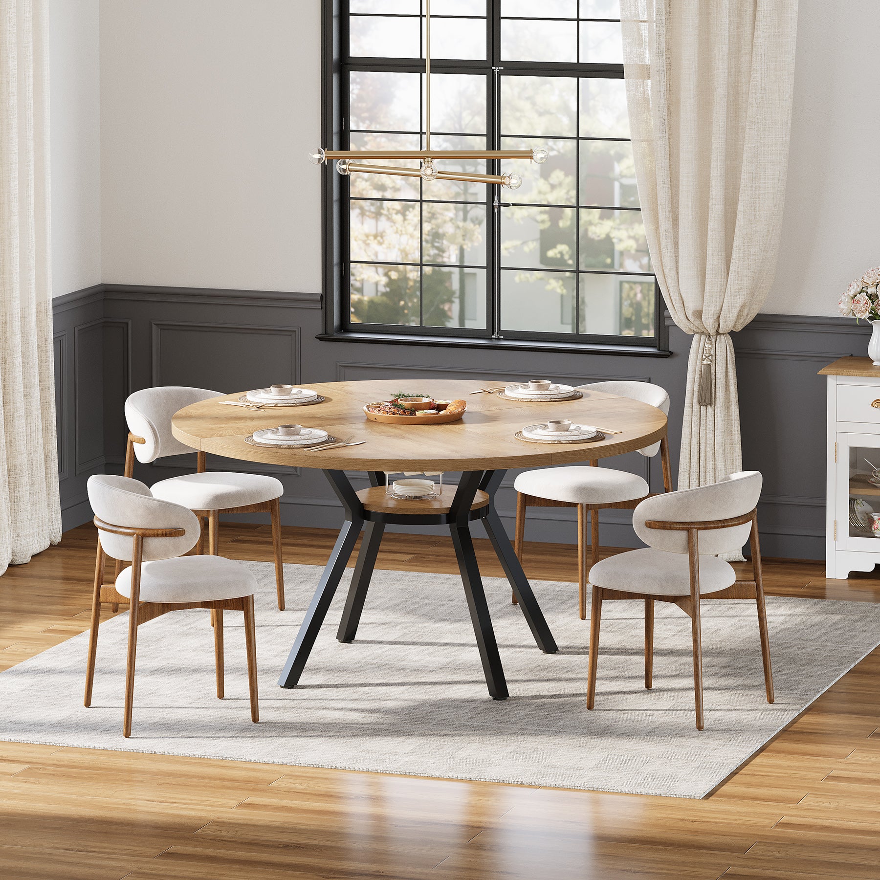 120 cm Eettafel voor 4-6 Personen, Ronde Tafel met Opbergruimte