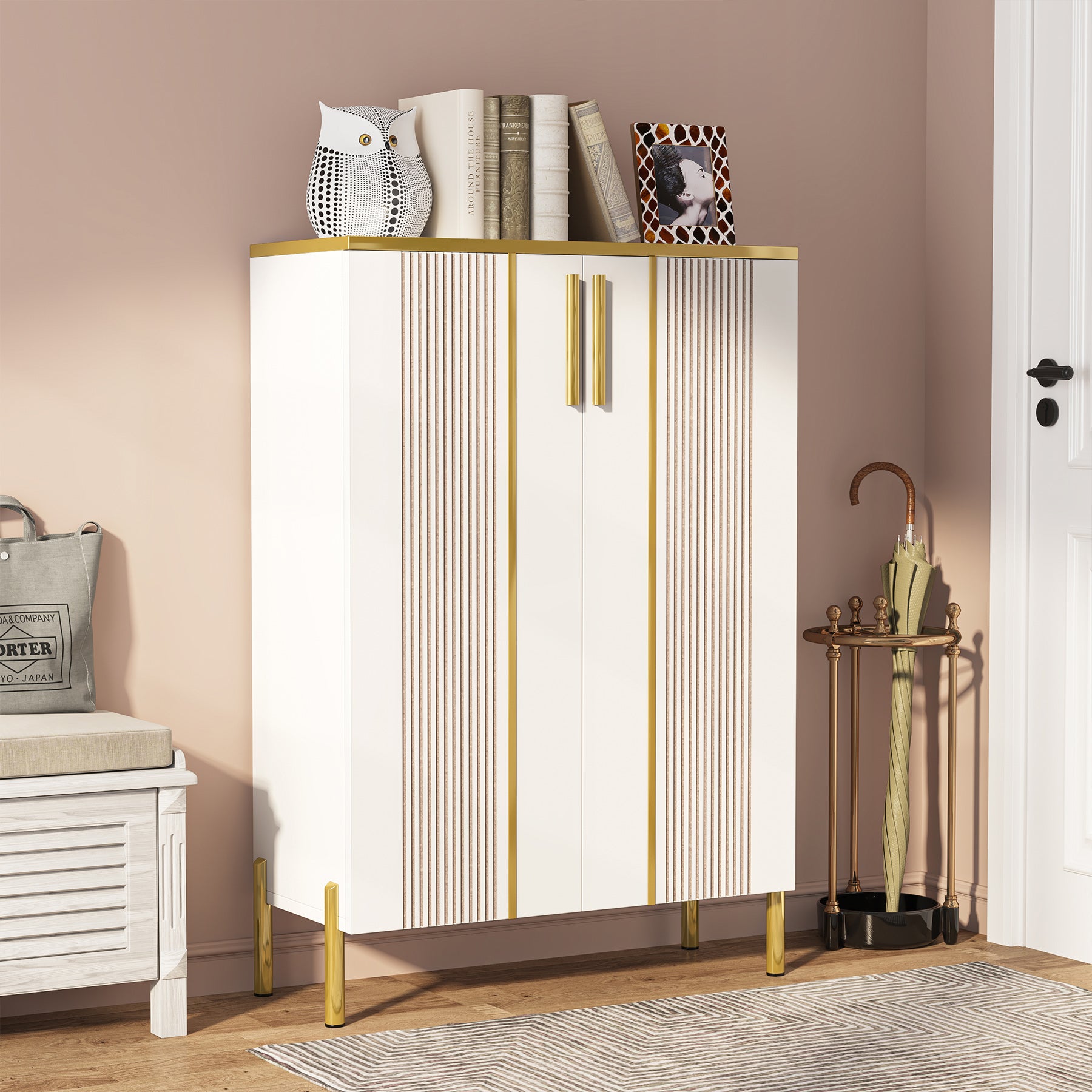 120 cm Hoge Schoenenkast, Witte Opbergmeubel met Zes Planken en Gouden Accenten