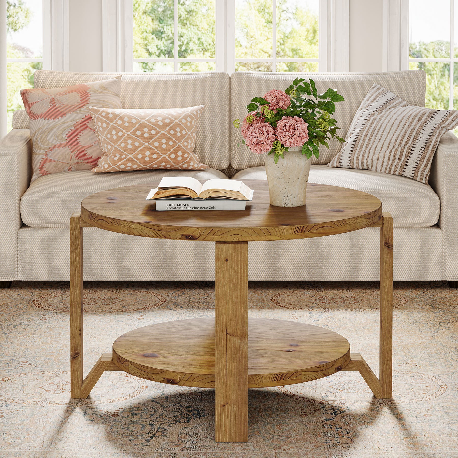 80 cm Ronde Salontafel in Walnoot met Opbergruimte, Mid-Century Accenttafel