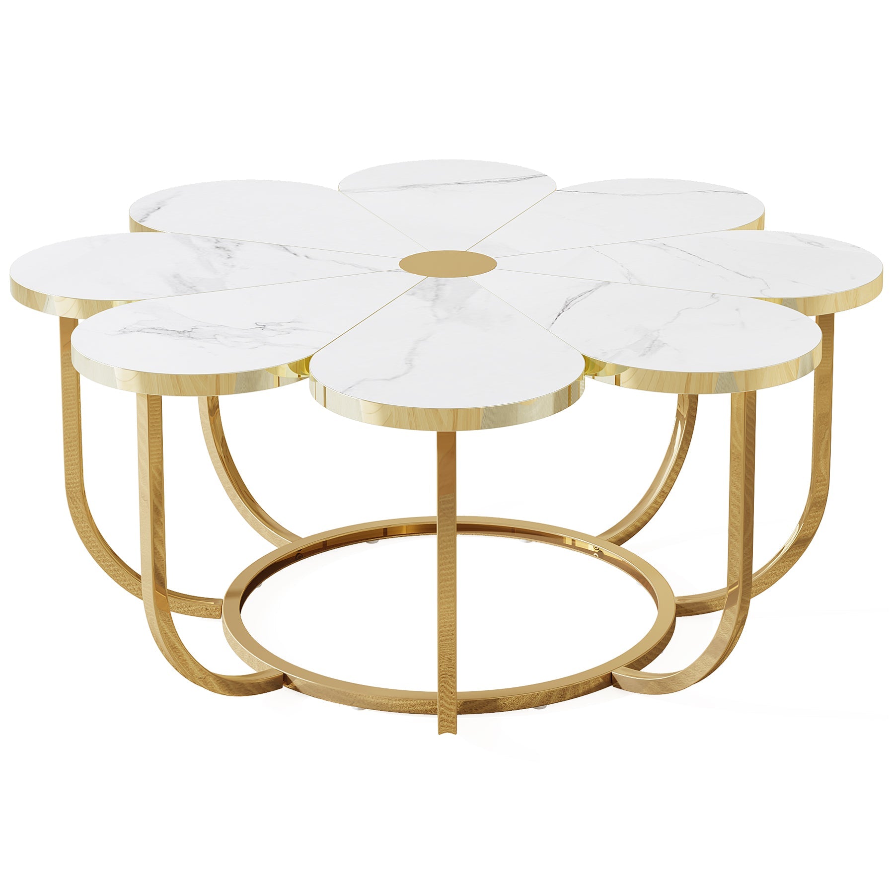 100 cm Witte Salontafel, Met Gouden Bloemenpoot en Imitatiemarmeren Blad