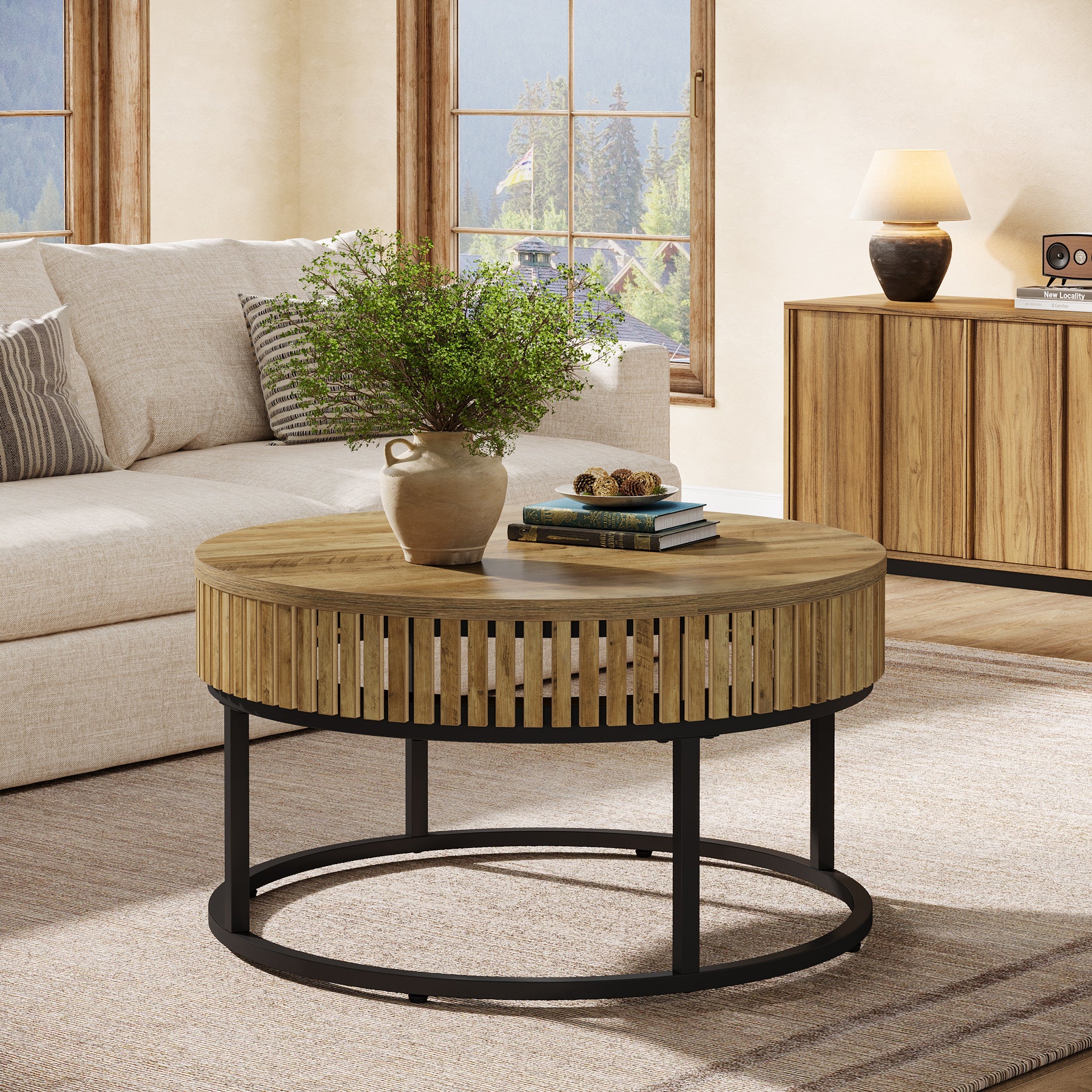 80 cm Ronde Salontafel van Hout, Moderne Industriële Koffietafel voor de Woonkamer
