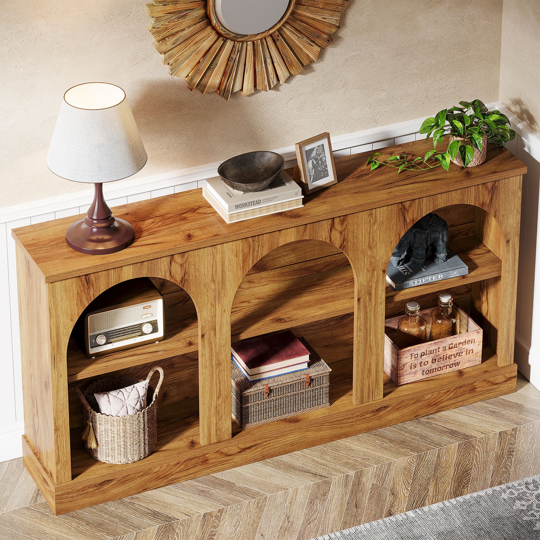 160 cm Boerderij Console, Lange Houten Tafel met Drie Planken voor Hal en Woonkamer