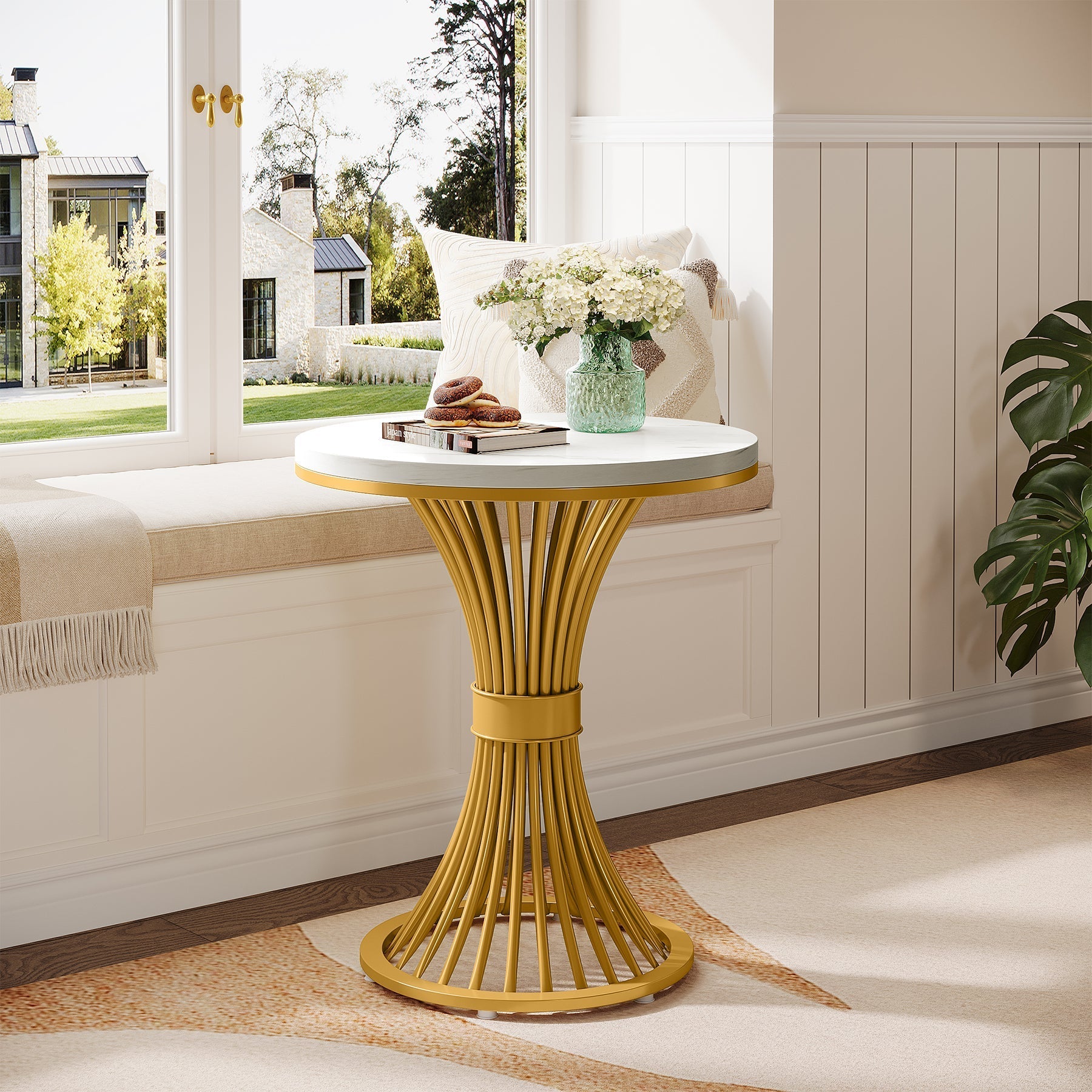 Tribesigns 20" Ronde Bijzettafel met Marmerlook Blad, Witte Bijzettafel met Goudkleurig Metalen Onderstel