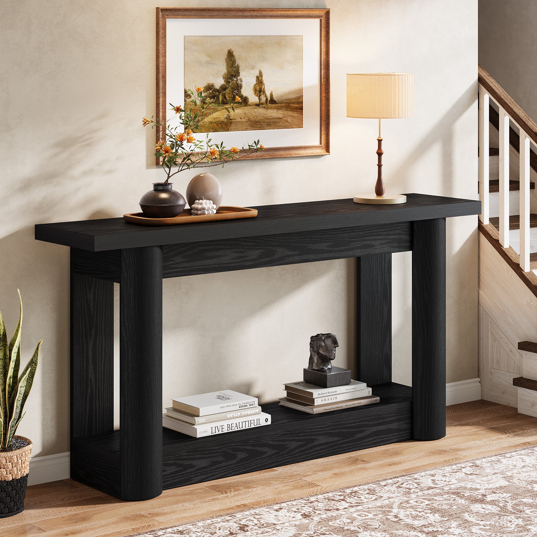 160 cm Landelijke Console met 2 Planken, Smalle Lange Salontafel in Rustiek Bruin voor Hal en Entree