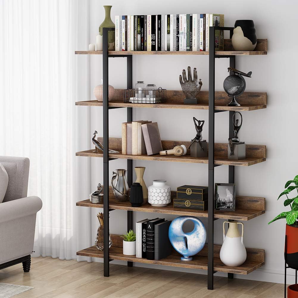 180 cm Industriële Boekenkast, 5 Open Planken met Staal Frame in Landelijk Bruin