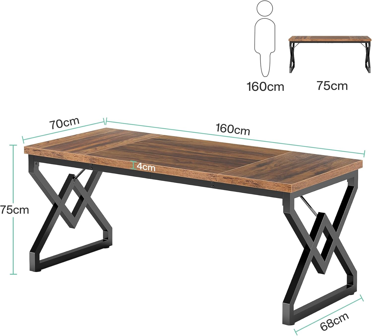 160x70 cm Computertafel, Extra Dik Houten Blad en Metalen Onderstel